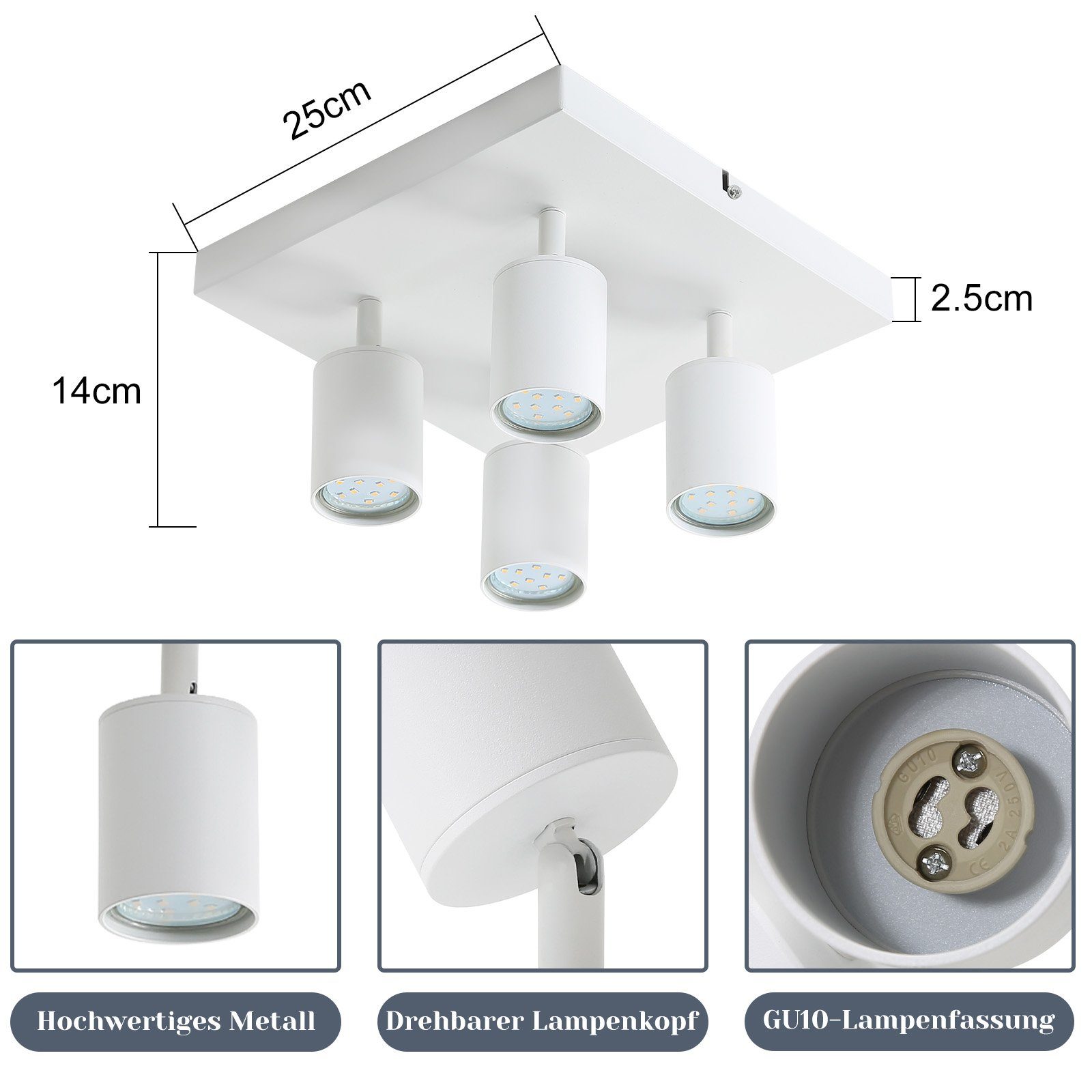 Nettlife LED Deckenstrahler mit Deckenlampe Küche 4/6 330°Schwenkbar, Deckenleuchte Deckenspots, GU10 wechselbar, Wohnzimmer Weiß Schlafzimmer Flur, 25W Flammig LED für