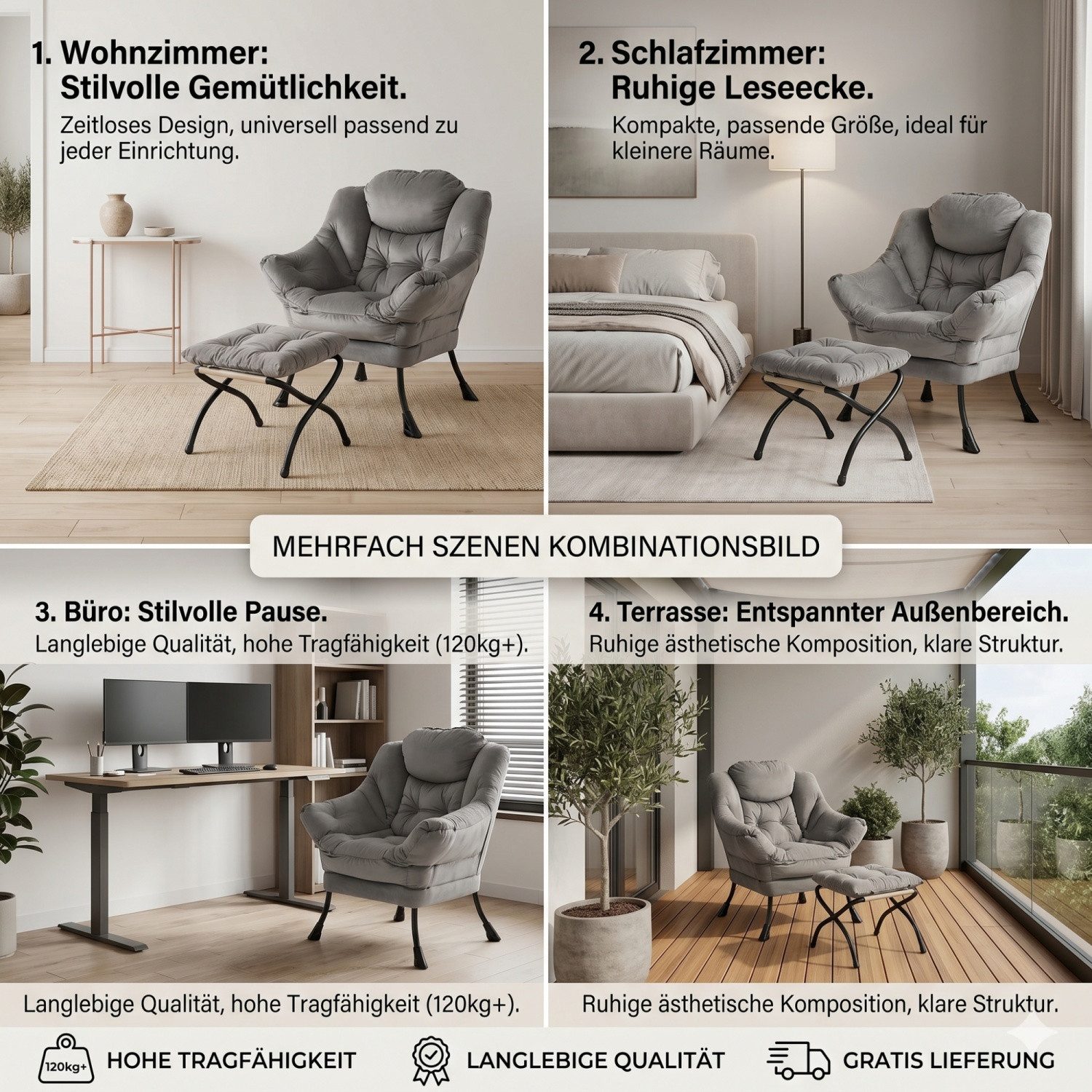 ANYSUN Loungesessel Relaxsessel aus Samt mit Hocke,Sanftes Design mit Nackenstütze (Seitentasche (Handy), Hocker als Fußbank/Kindersitz), Loungesessel,Fernsehsessel, Ohrensessel für Wohnzimmer, Schlafzimmer