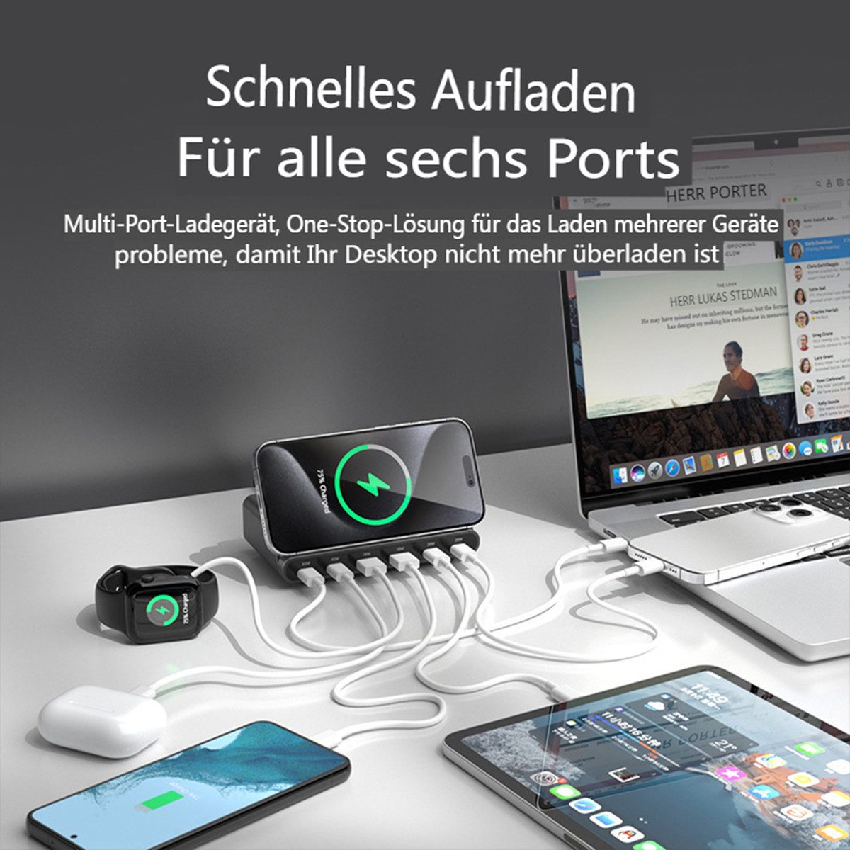 BLiTZWOLF Kabelloses Ladestation (160W 6-Port USB PD Desktop Schnellladegerät, 2 USB-A 4 USB-C PD3.0 QC4.0 Induktive Ladegerät)
