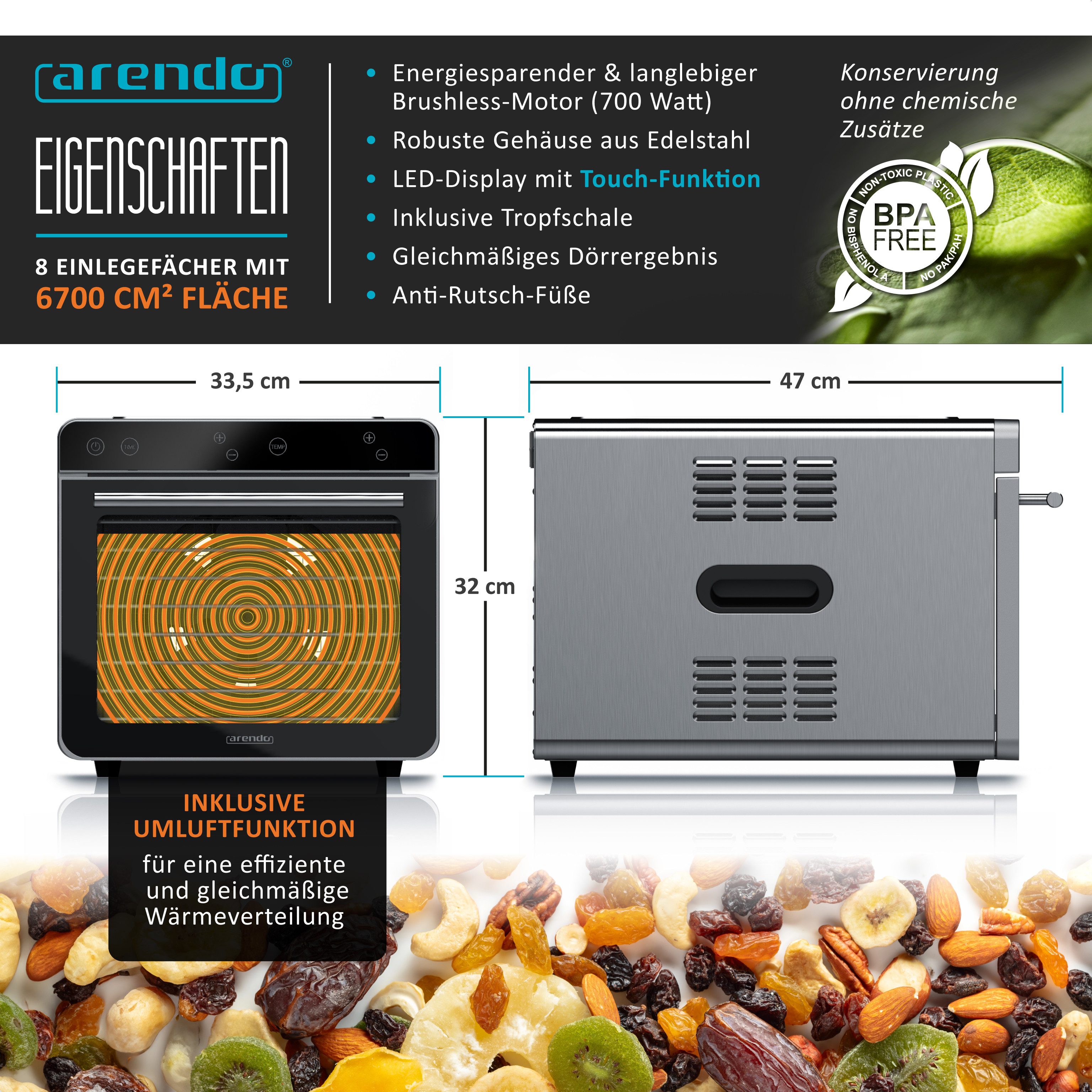 Arendo Dörrautomat Edelstahl, Temperaturregler von 35° bis 85°C, Dörrgerät, Dehydrator, 700 W, 8 Etagen, Obst, Fisch, Fleisch Dörrapparat, Obsttrockner, Timer 0,5-24 Stunden