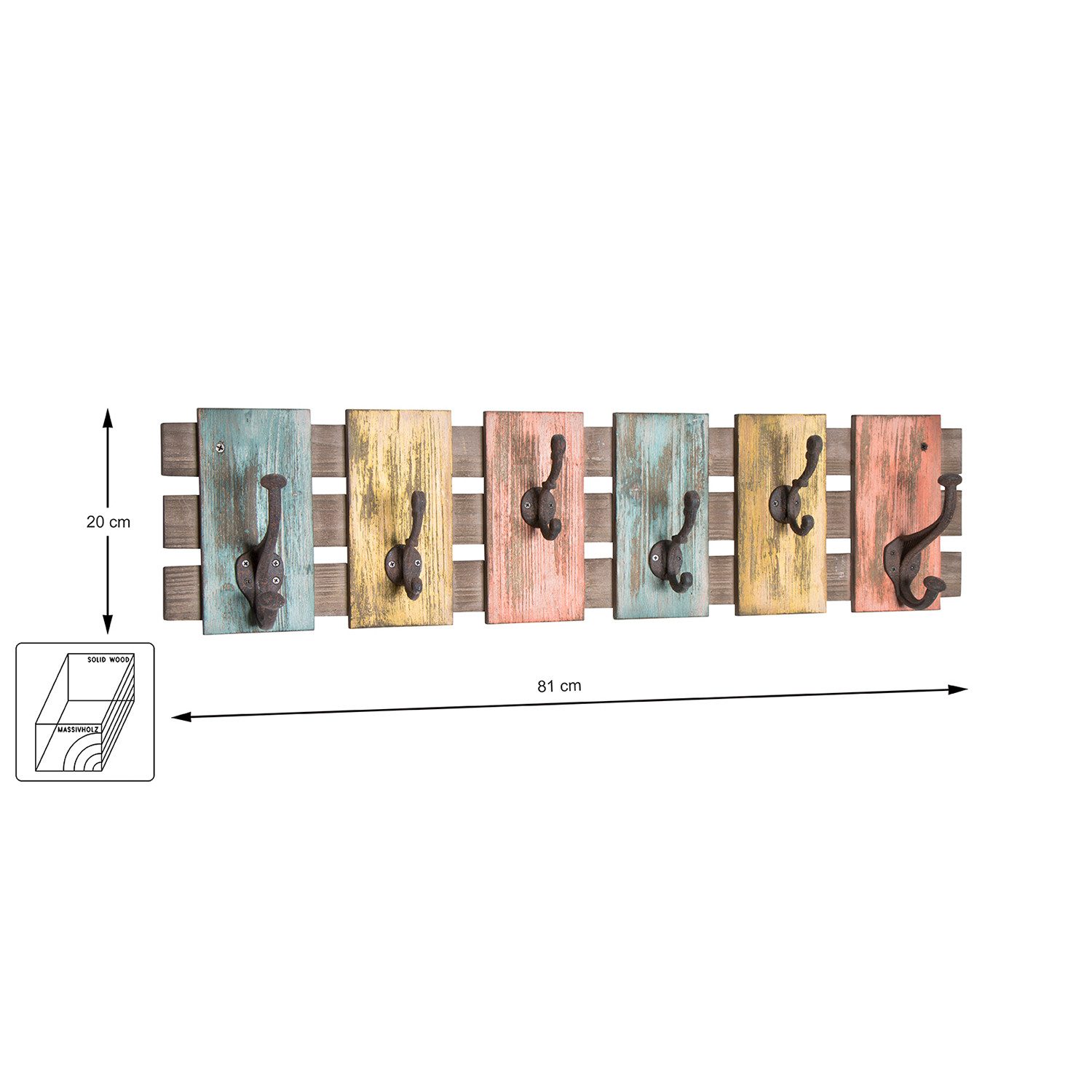 HAKU Wandgarderobe Edith Garderobenleiste - Breite 81cm - bunt - Massivholz - Hakenleiste (1x Garderobe, 1 Stück)