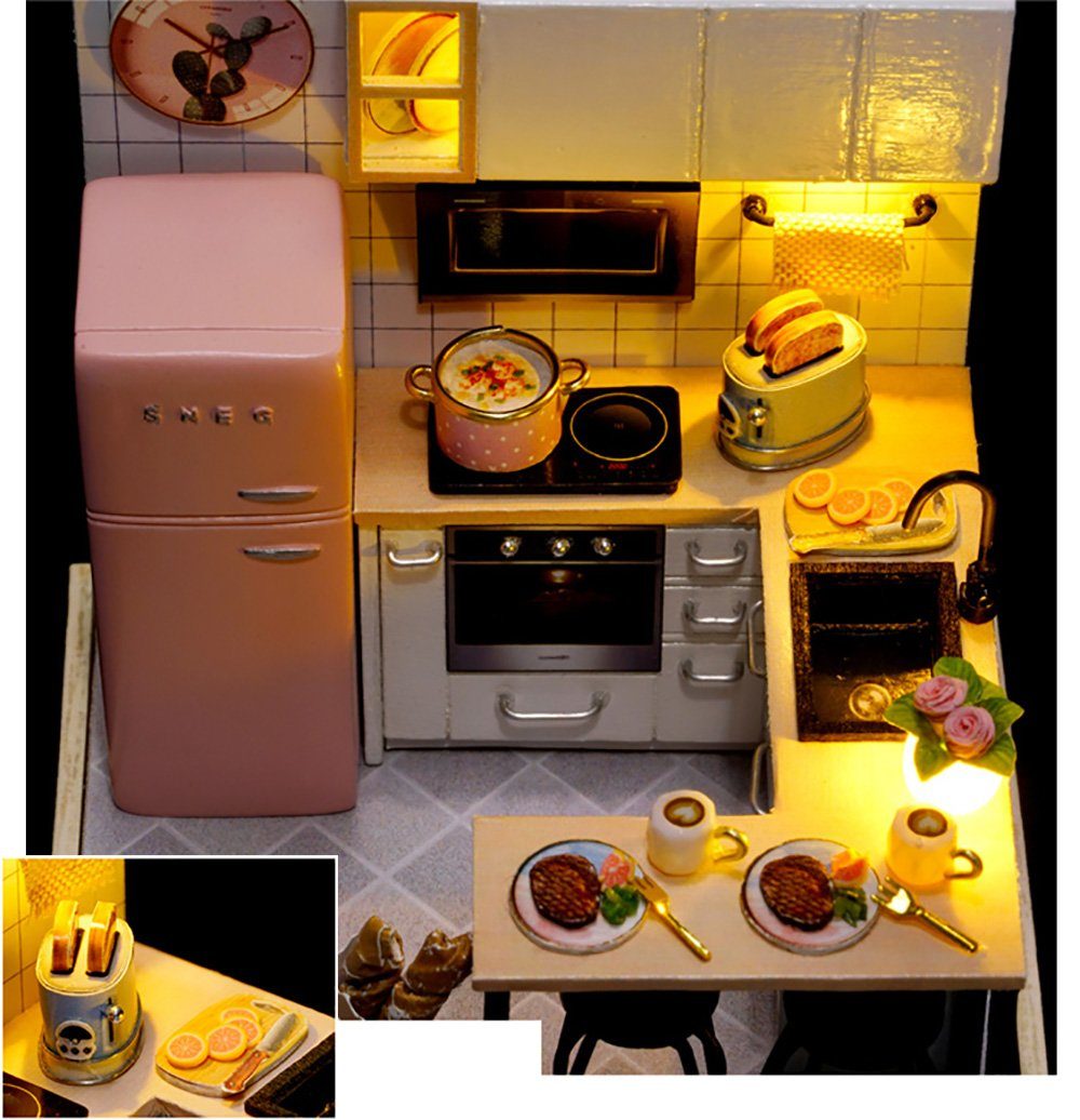Küche, 1:24, zum Szenen Puzzleteile, 3D-Puzzle, basteln-Serie-Mini hölzernes Modellbausatz Cute Mini Puppenhaus Room mit Möbeln DIY Miniaturhaus Miniatur 3D-Puzzle