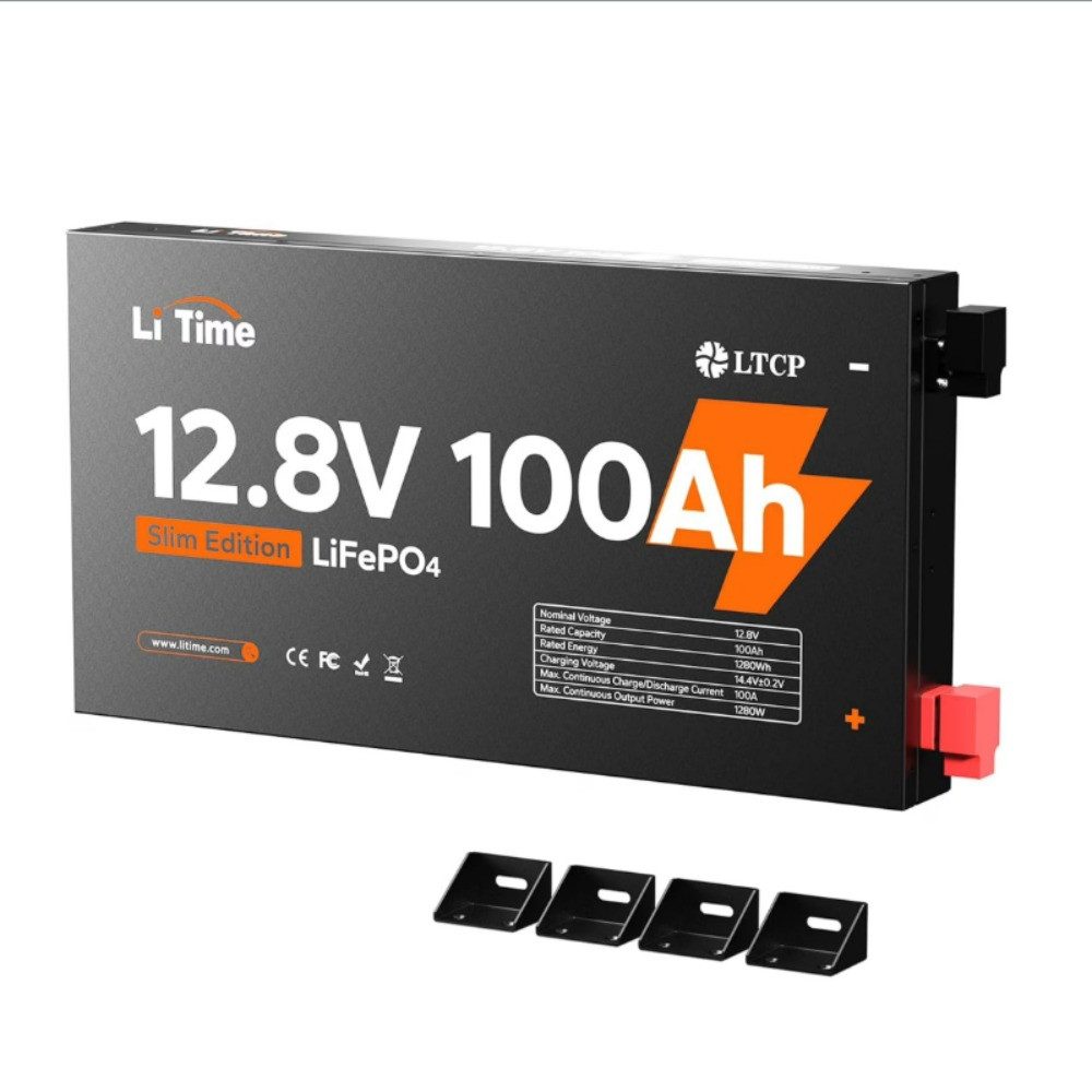 LiTime 12V 100Ah Slim LiFePO4 Batterie IP65 wartungsfrei Solarakkus (12 V), PV Stromspeicher für Wohnmobile, Geländewagen, LKW und Yachten