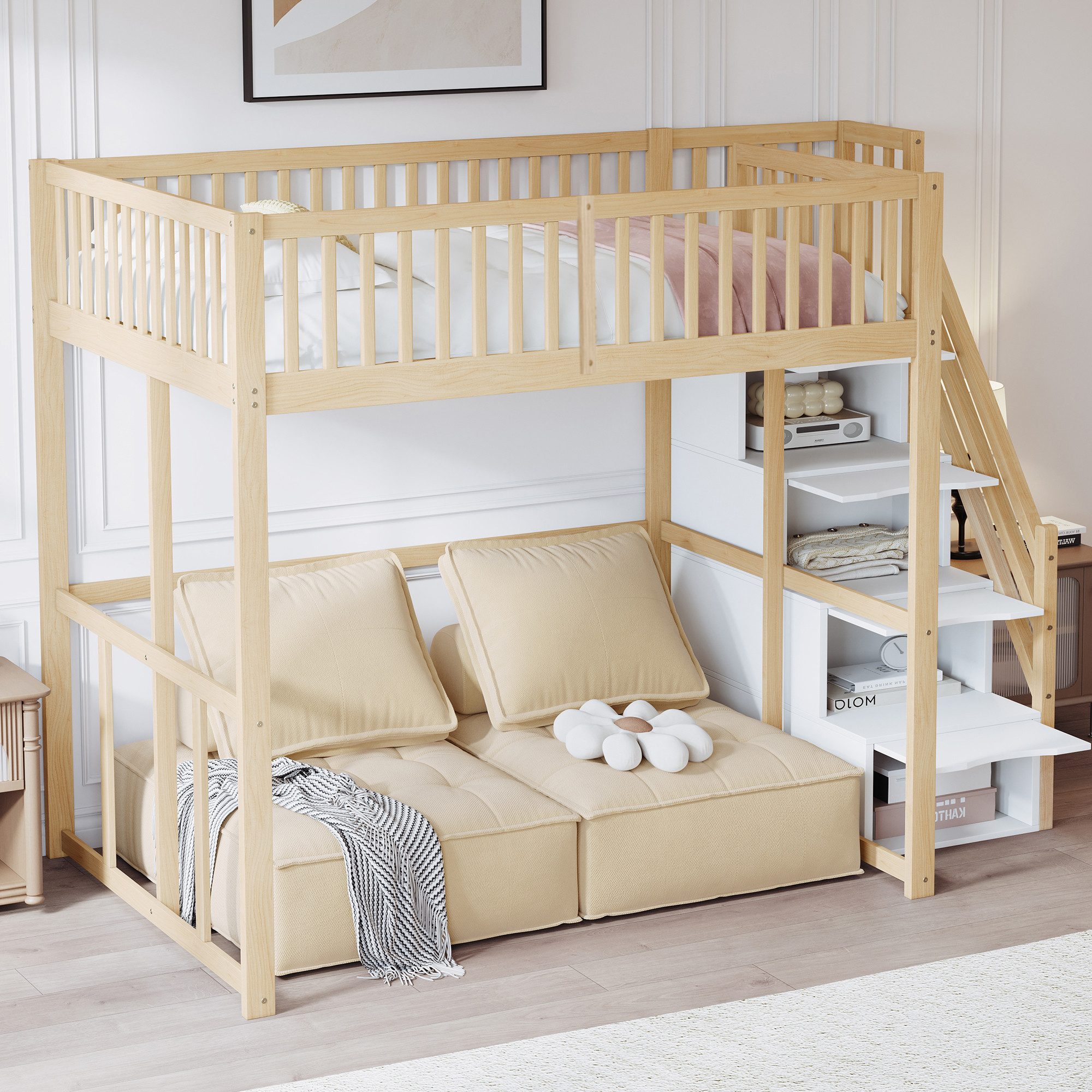 Flieks Hochbett Massivholz Kinderbett Einzelbett 140x200cm mit Stauraumtreppe