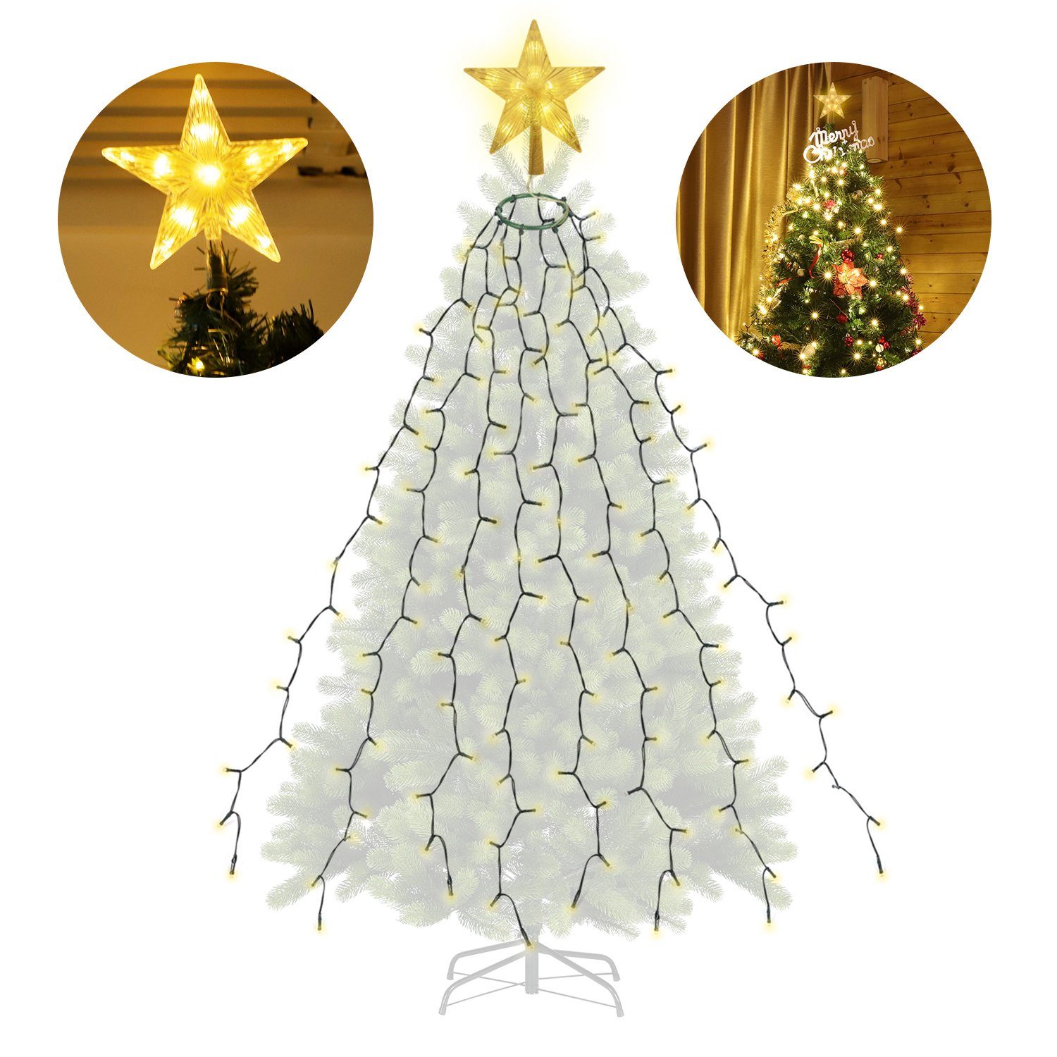Salcar LED-Lichterkette 1,5m-3m Weihnachtsbaum Lichterkette LED mit Weihnachtsbaumspitze Stern, 8 Girlanden und 1 Sternspitze, 9 Beleuchtungsmodi und Memory-Funktion