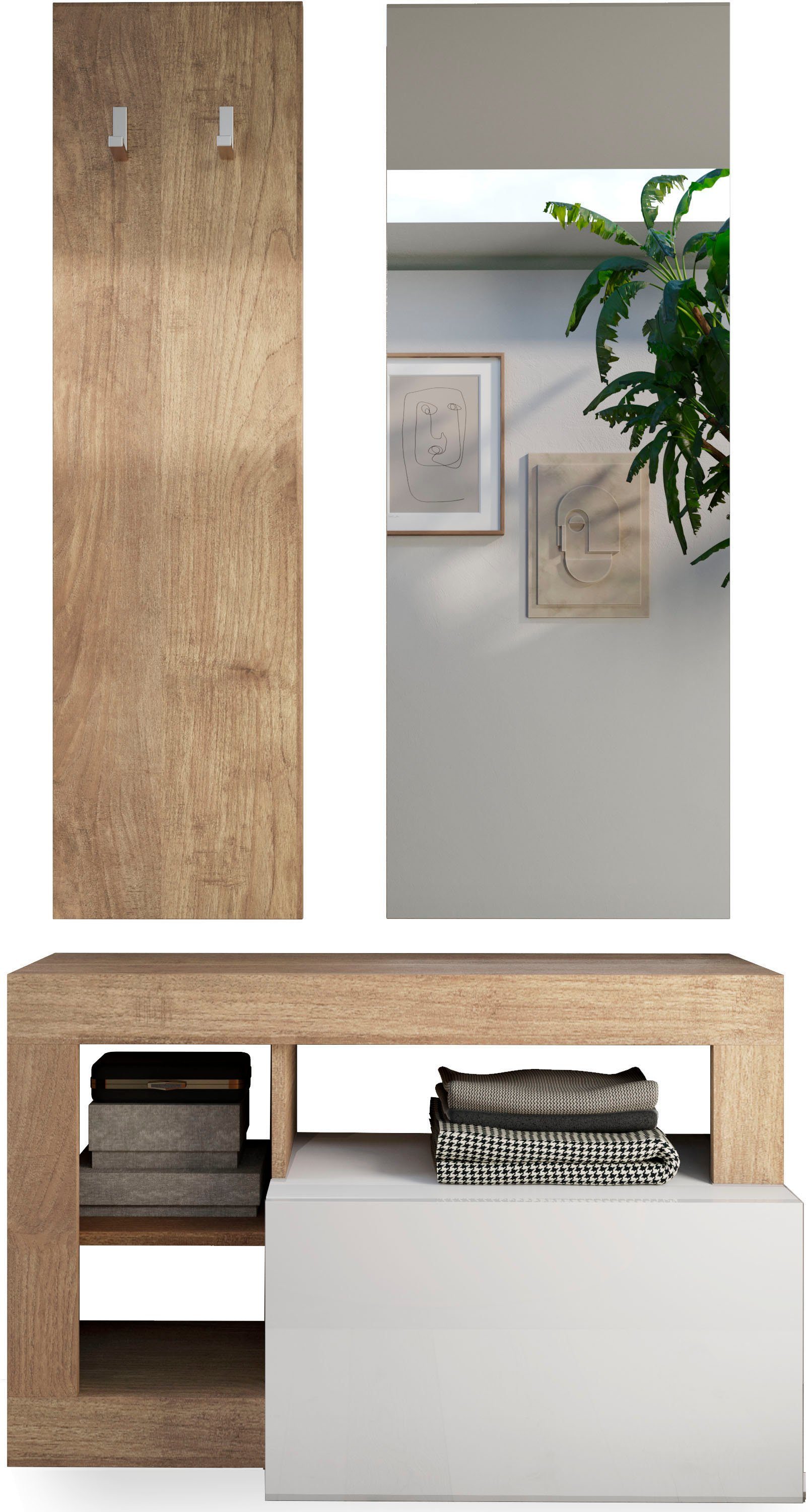 Home affaire Garderoben-Set Hamburg, (3-St., bestehend aus Garderobenbank, Garderobenpaneel, Spiegel)