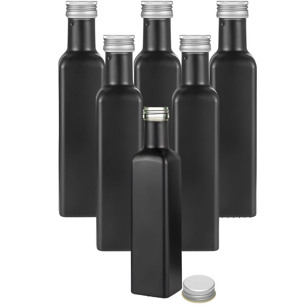 Ölspender Ölflaschen 250 ml matt schwarz mit Deckel & Etiketten, 6 Stück