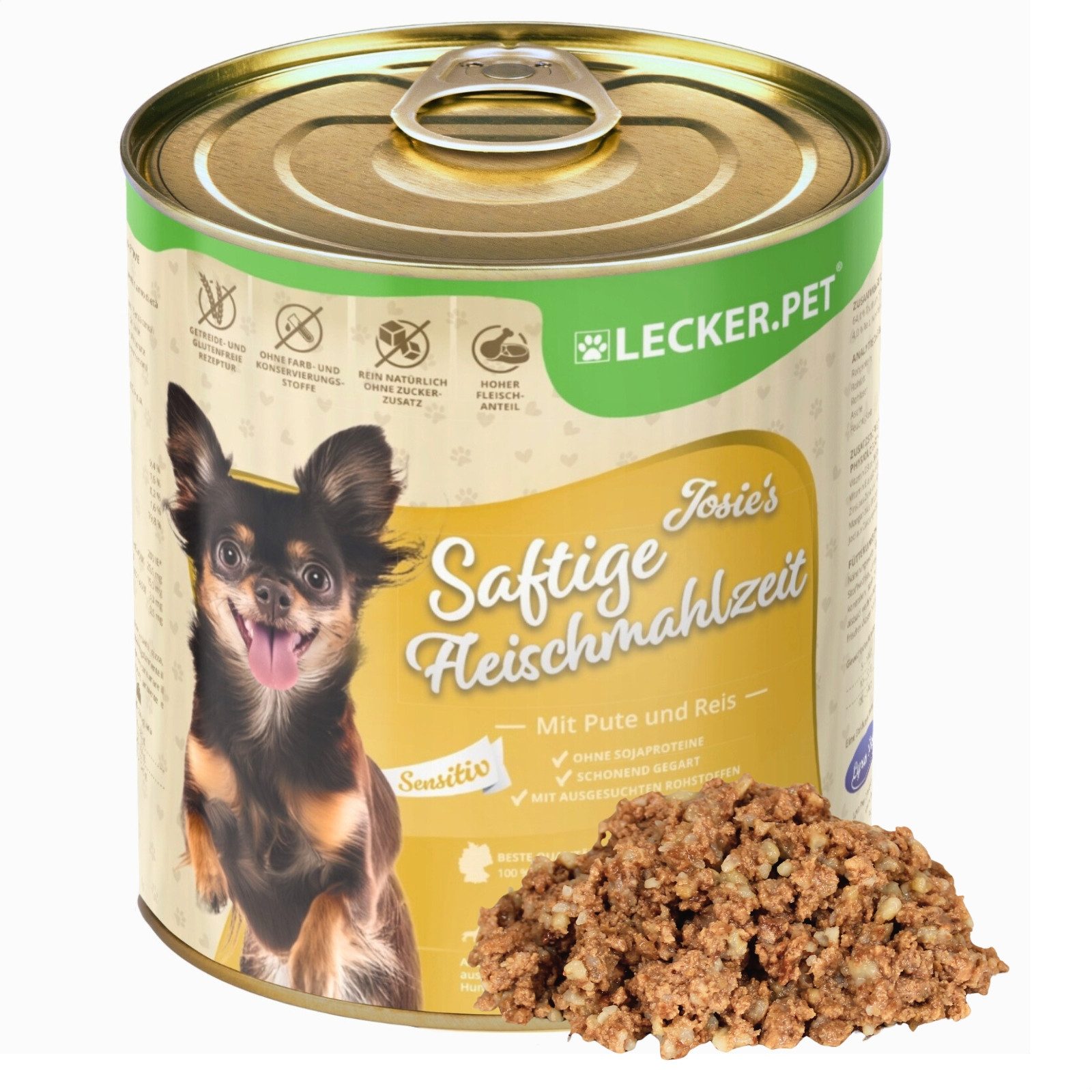 Lecker.Pet 18x800g Lecker.Pet® Josie's Saftige Fleischmahlzeit Sensitiv Pute&Reis Pute, Nassfutter für: Hund