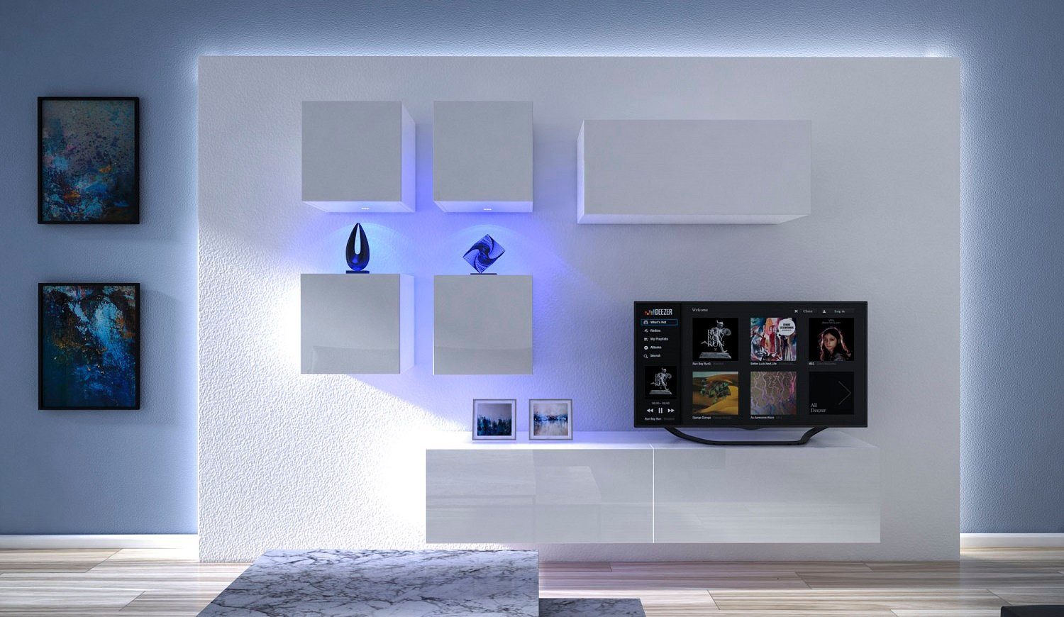 ROYAL24_MARKT Wohnwand - Luxus in der Einrichtung / Edle Materialien für Wohnwände., (Komplett Set, 7-St., Premium - N200), Top Design - LED Beleuchtung - Neu 2024 '