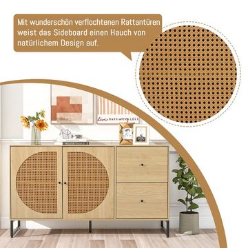 WISHDOR Sideboard Kommode (mit 2 Rattan verzierten Türen und 2 Schubladen Kommode Küchenschrank)