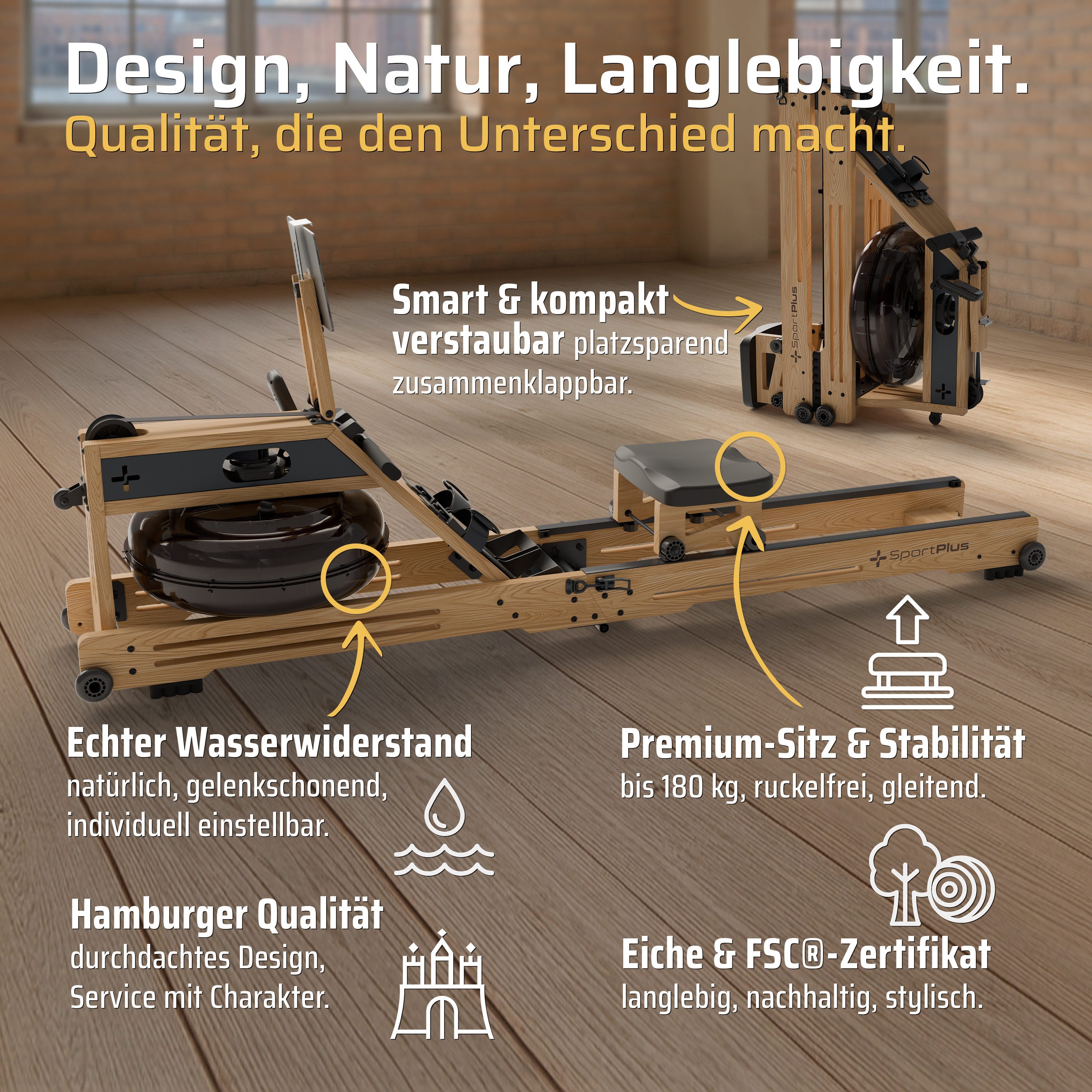 SportPlus Rudergerät SP-WR-1900-iE, Klappbares Wasserrudergerät, Natur Massivholz, Design Holzrudergerät