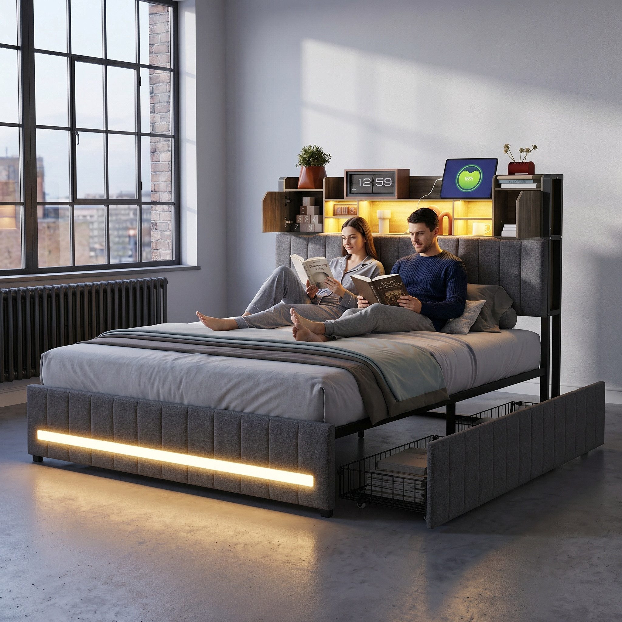 Furnishings Home Polsterbett 140x200 cm Stauraumbett LED Doppelbett (1 tlg, Geeignet für Jungen und Mädchen, Mit große Stauraum), mit Lattenrost und Ladefunktion, mit Komforthöhe, Leises Design Bett