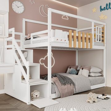 WISHDOR Bett Kinderbett, Etagenbett mit Treppe, Gästebett 90x200 cm (mit Treppe, Fenster und Regalkasten, Rahmen aus massivem Kiefernholz, mit 3 Schließfächer in der Treppe, mit Fallschutzgitter), 90x200cm, Ohne Matratze