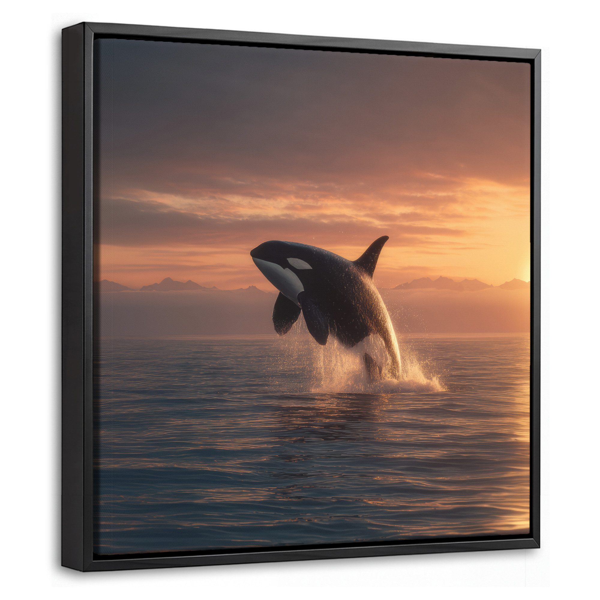OneMillionCanvasses® Leinwandbild mit Rahmen - Orca - Meer - Sonnenuntergang, Fotodruck (1 St), Leinwand Bilder Klein, Wand Dekoration Aesthetic 20x20cm