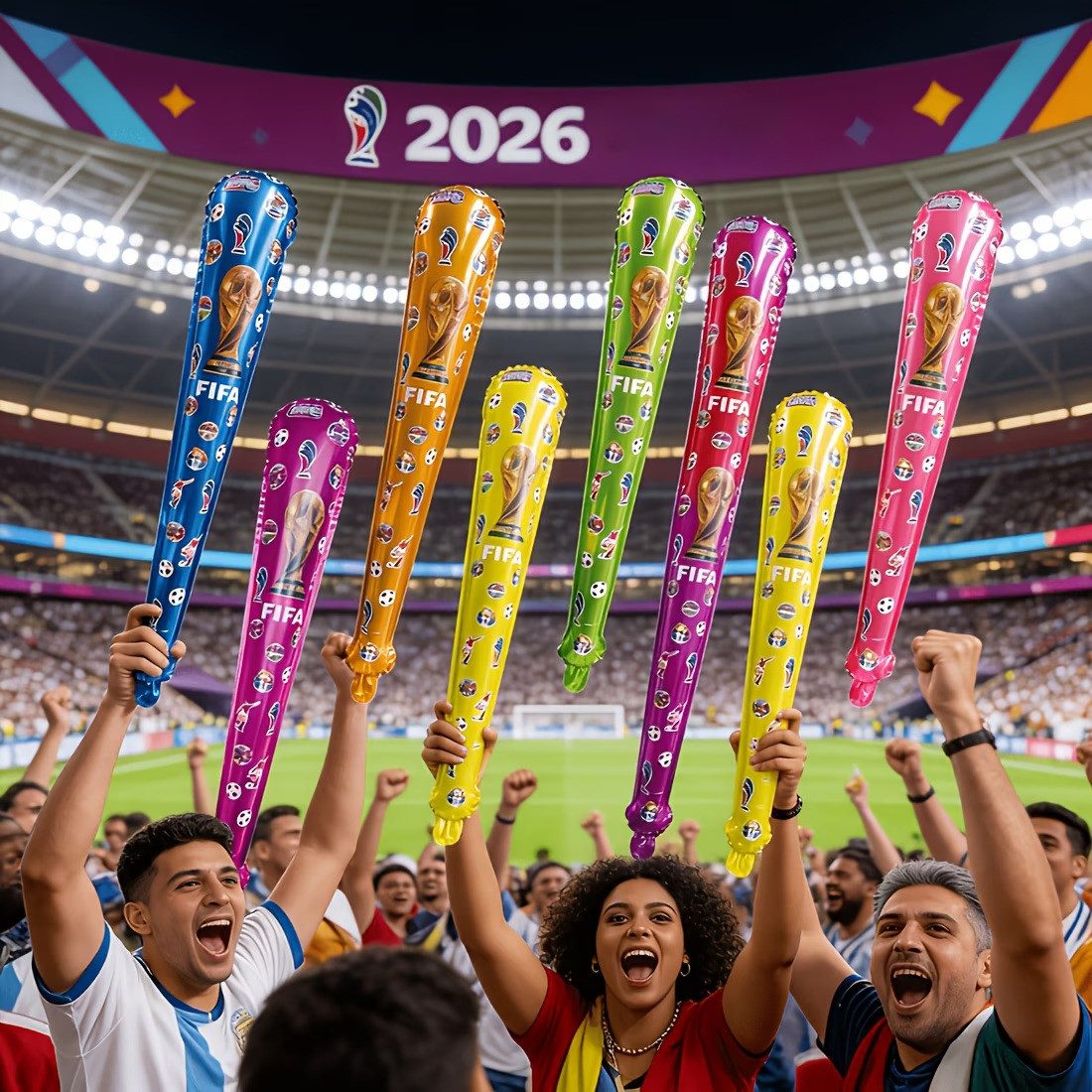 Stelby Aufblasbares Partyzubehör FIFA WM 2026 Folienballons 5er-Pack – Aufblasbare Jubel-Sticks, mit integriertem Glöckchen – Fan-Klatschstangen