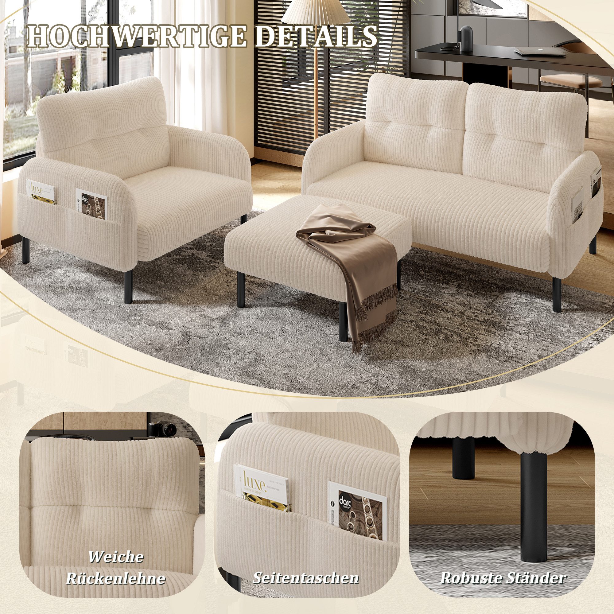 STILVORA Wohnzimmer-Set Cord 3er-Set Loungesofa Sitzgruppe,Hocker&2er-Sofa günstig online kaufen