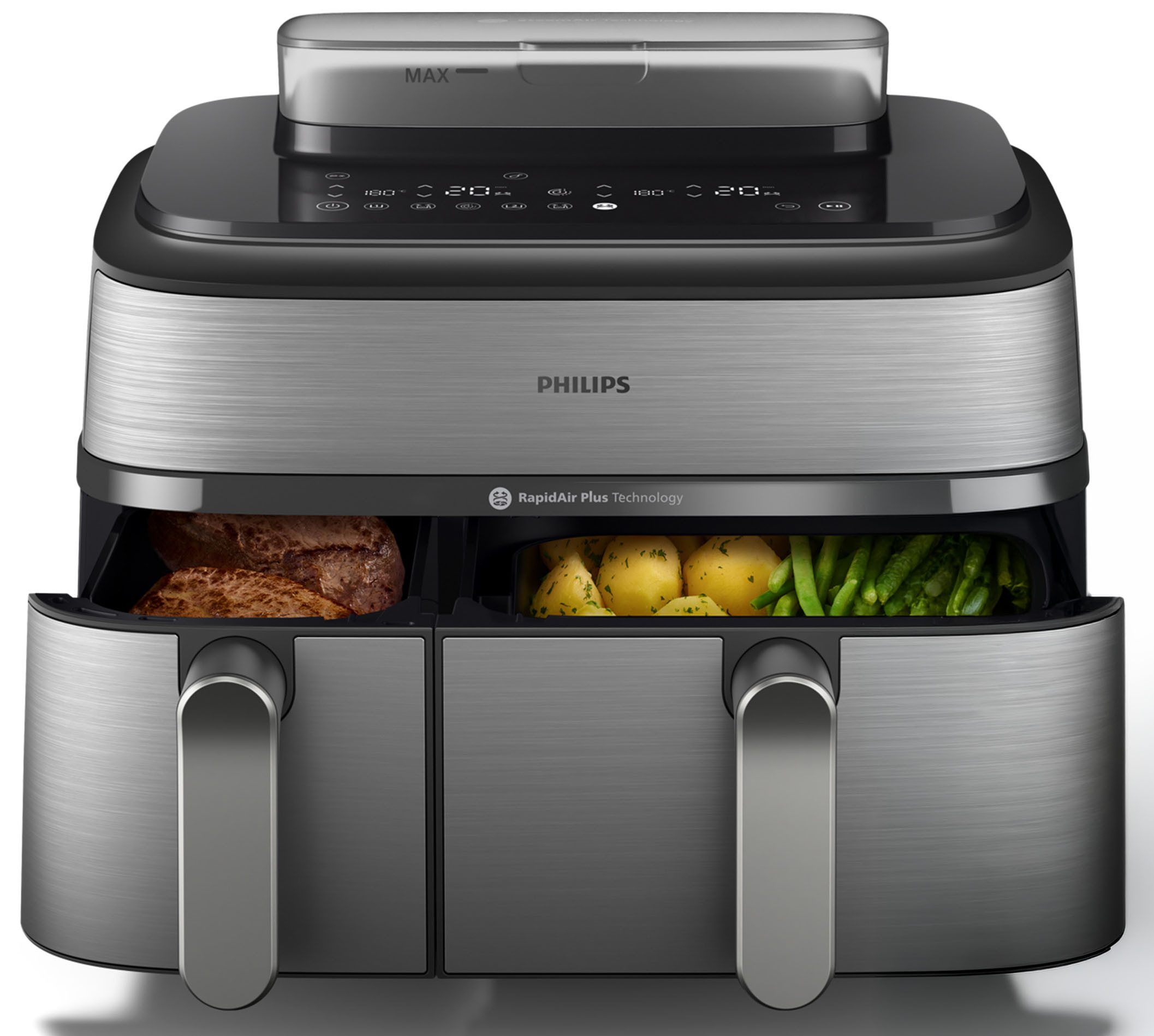 Philips Heißluftfritteuse NA555/00 Steam Airfryer 5000 Series Dual Basket, 9L Kapazität (3L+6L), 2750 W, mit Dampfgar-Funktion; Silber/Edelstahl