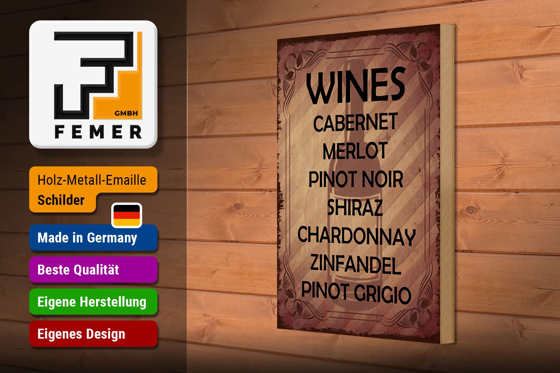 Femer GmbH Holzbild Alkohol 20x30 cm Wines 7 Weinsorten aufgelistet, (1 St), Glatte Holzfaserplatte (MDF), vorn beschichtet