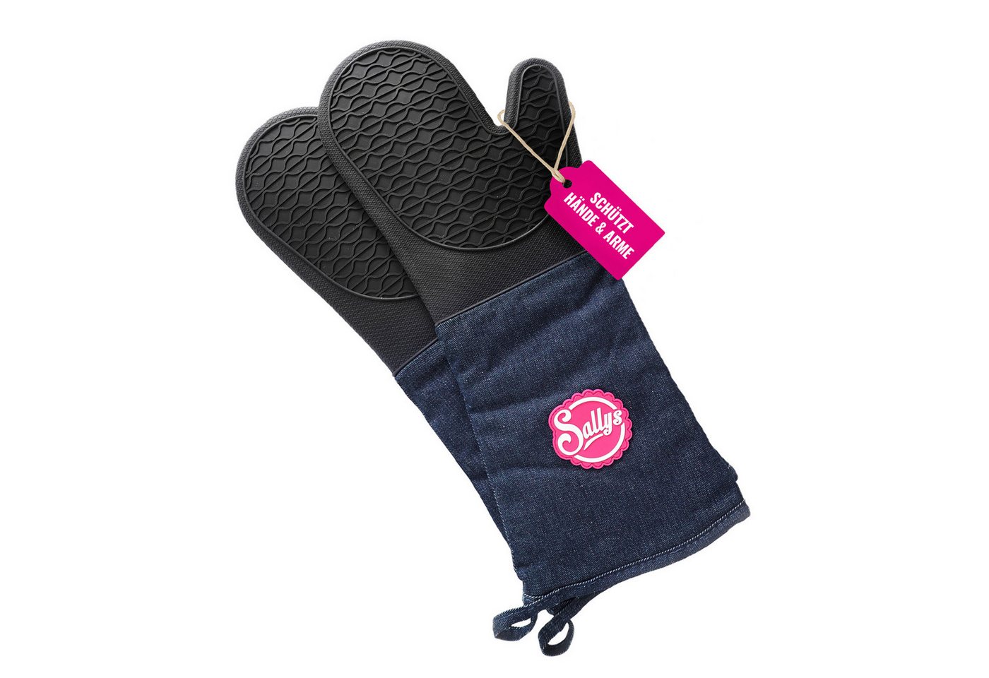 Sallys Topfhandschuhe Backhandschuhe, lange Baumwollmanschetten bis 230 °C, Zweifach vernäht, Für Rechts-und Linkshänder geeignet