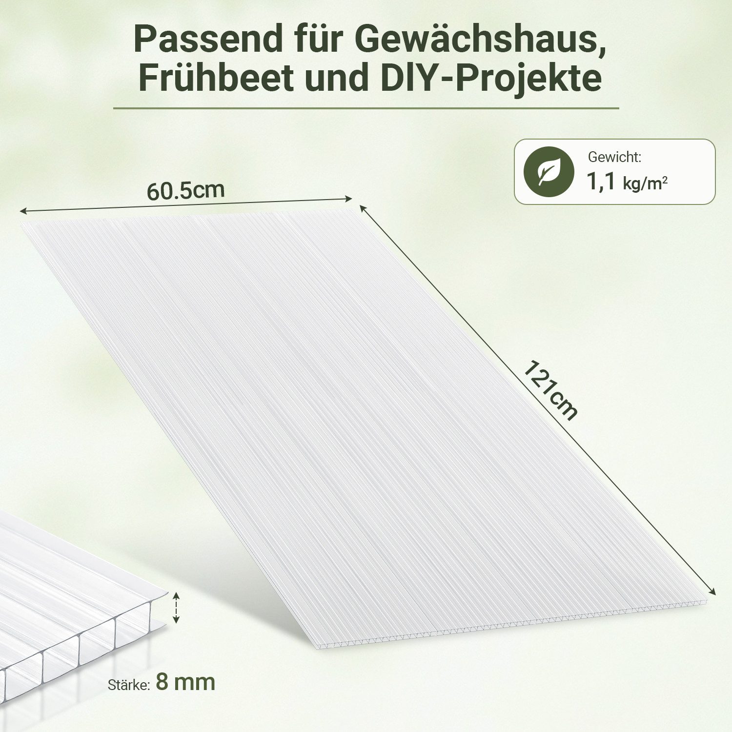 Clanmacy Doppelstegplatte Gewächshaus Gewächshausplatten 5 Stk.,8mm Stärke,PC Doppelstegplatte, (5-St)