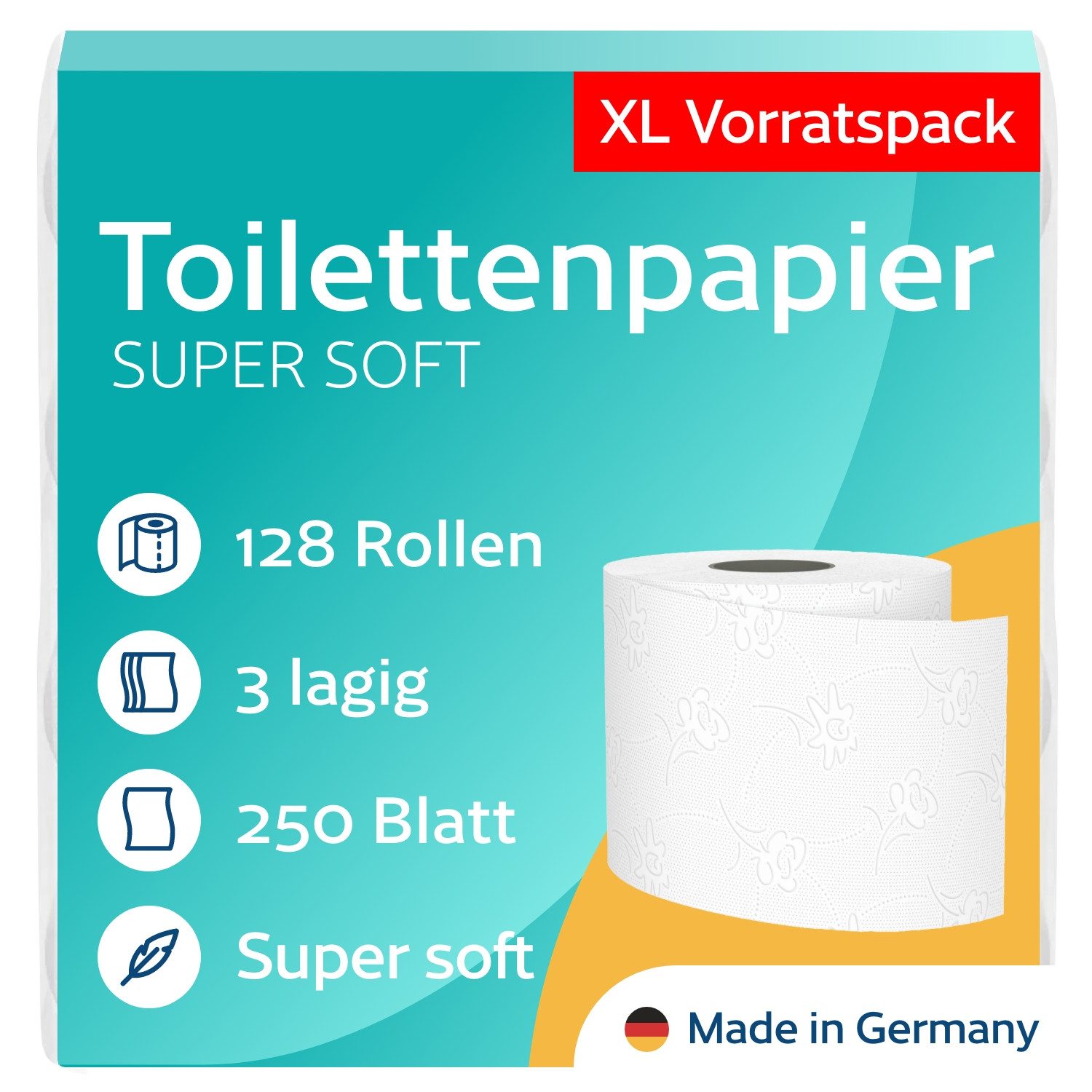 Satino Toilettenpapier 3-lagig - 250 Blatt pro Rolle - 100% Zellstoff - Made in Germany (128-St)