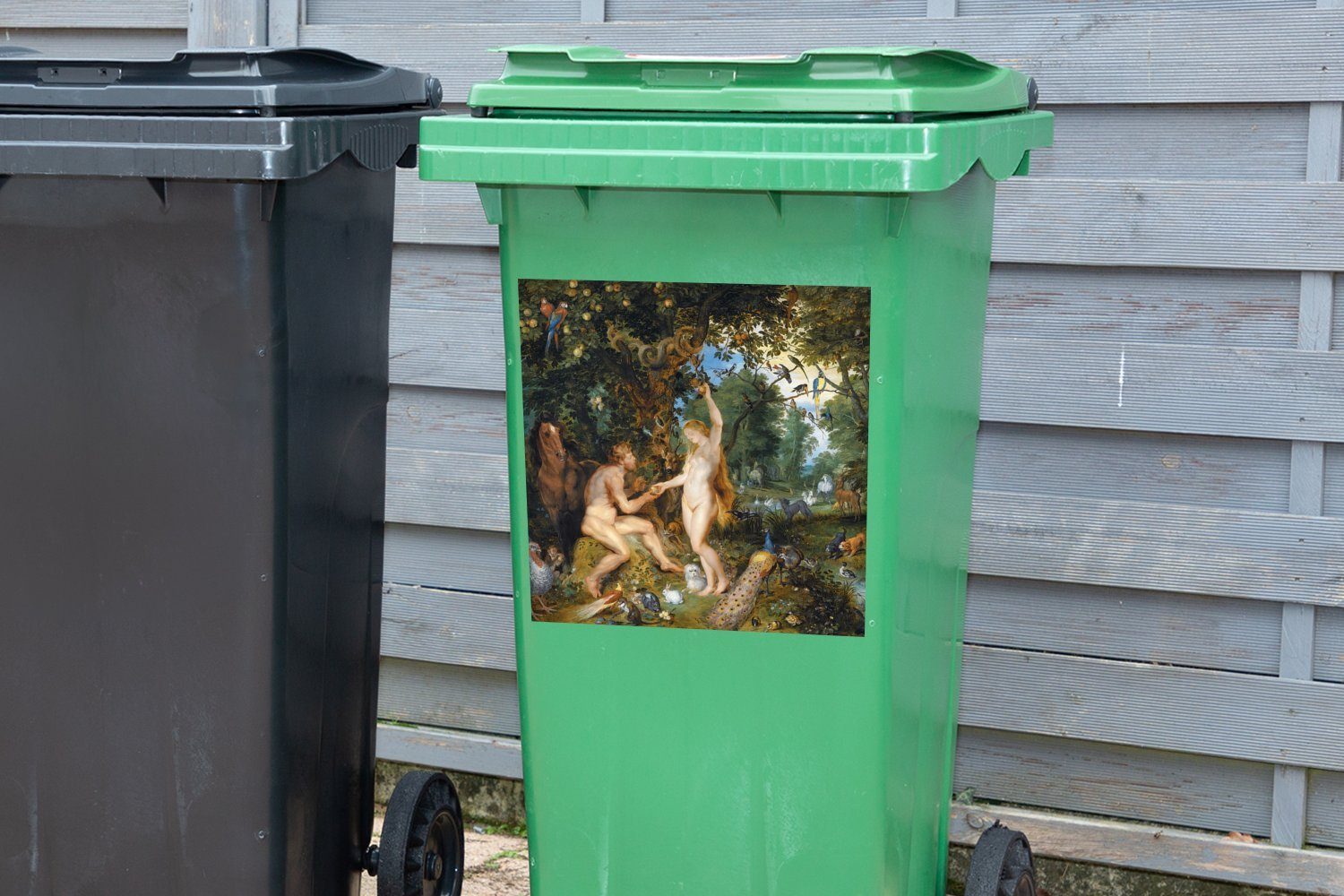 und Adam Das dem - Mülltonne, Wandsticker irdische Eva MuchoWow von Paradies Sticker, (1 Container, St), Gemälde Mülleimer-aufkleber, Abfalbehälter Sündenfall mit