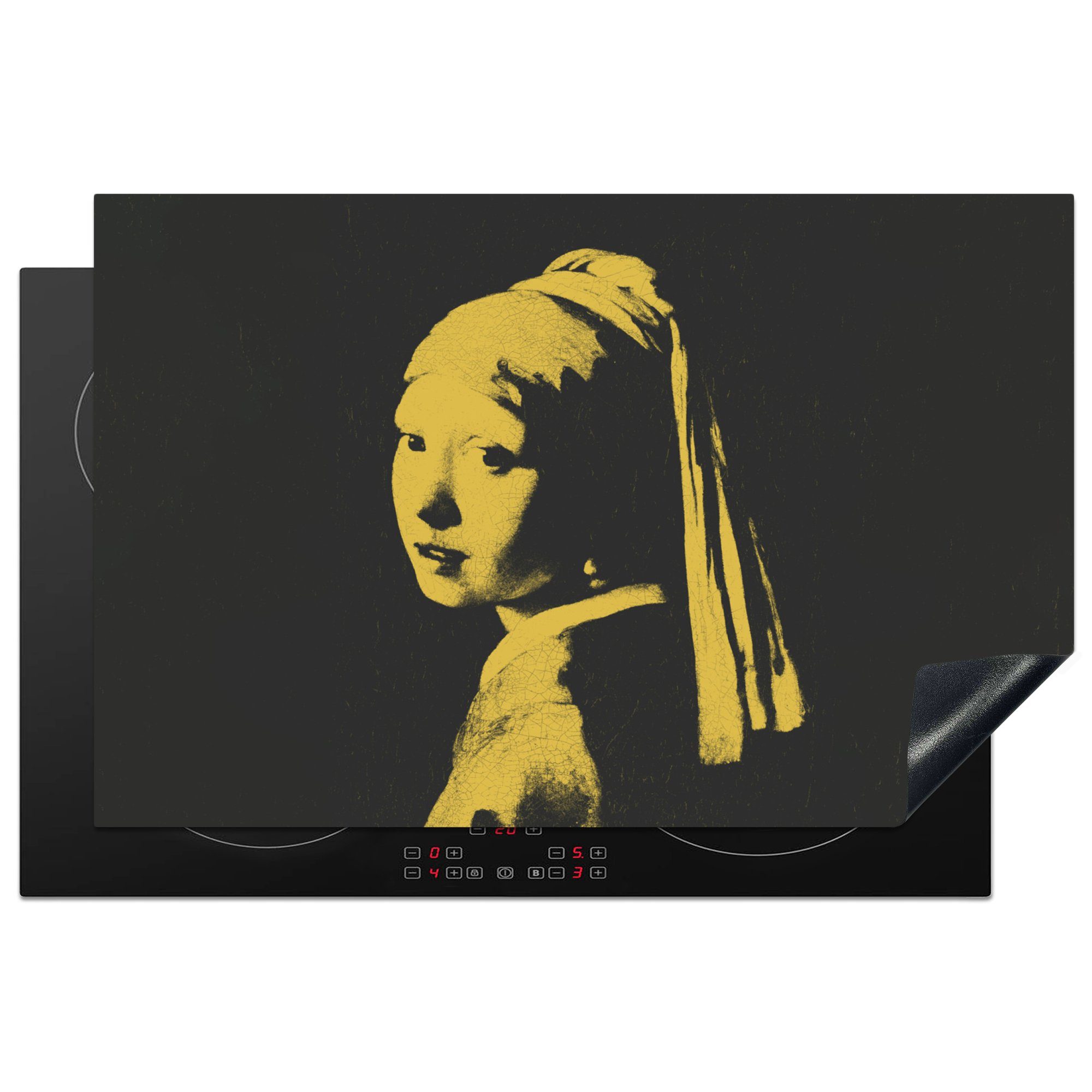 MuchoWow Herdblende-/Abdeckplatte Mädchen mit Perlenohrring - Vermeer - Schwarz - Gelb, Vinyl, (1 tlg), 81x52 cm, Induktionskochfeld Schutz für die küche, Ceranfeldabdeckung