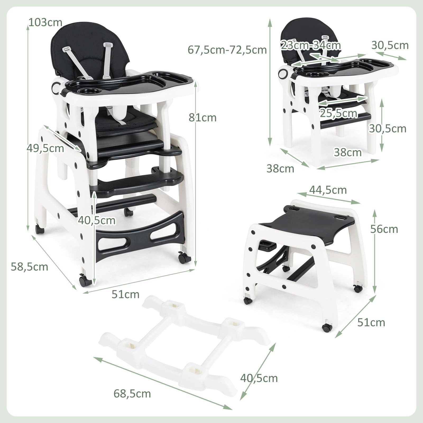 COSTWAY Hochstuhl 3 in 1 Babystuhl, wandelbar, einstellbarer Winkel, abnehmbar