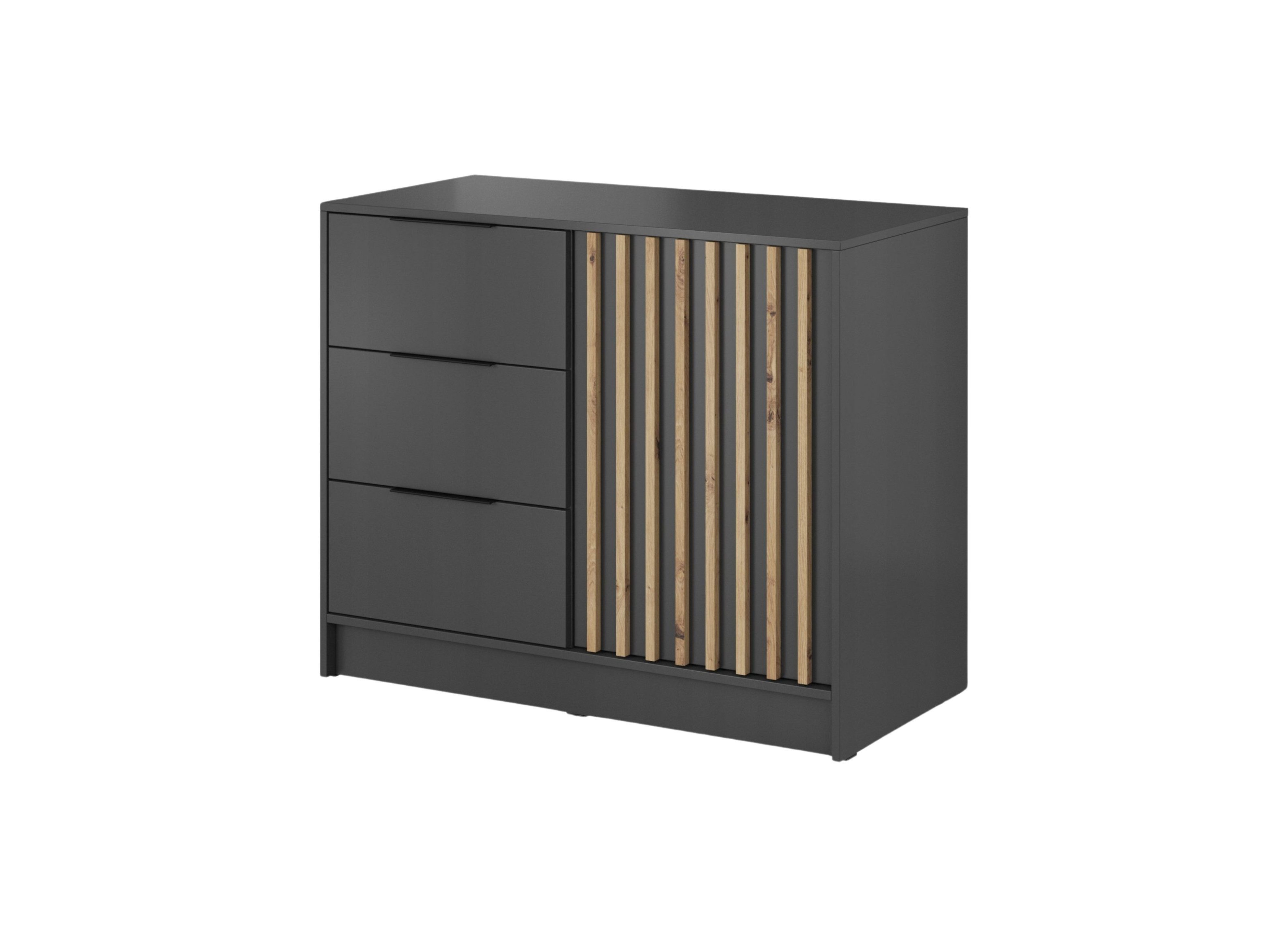 MOEBLO Kommode JOHN 2D (dekorative Lamellen Schrank Sideboard mit Türen und 3 Schubladen, Moderne Wohnzimmer Schlafzimmer Möbel Kommode für Wohnzimmer), (BxHxT): 105x86x45 cm