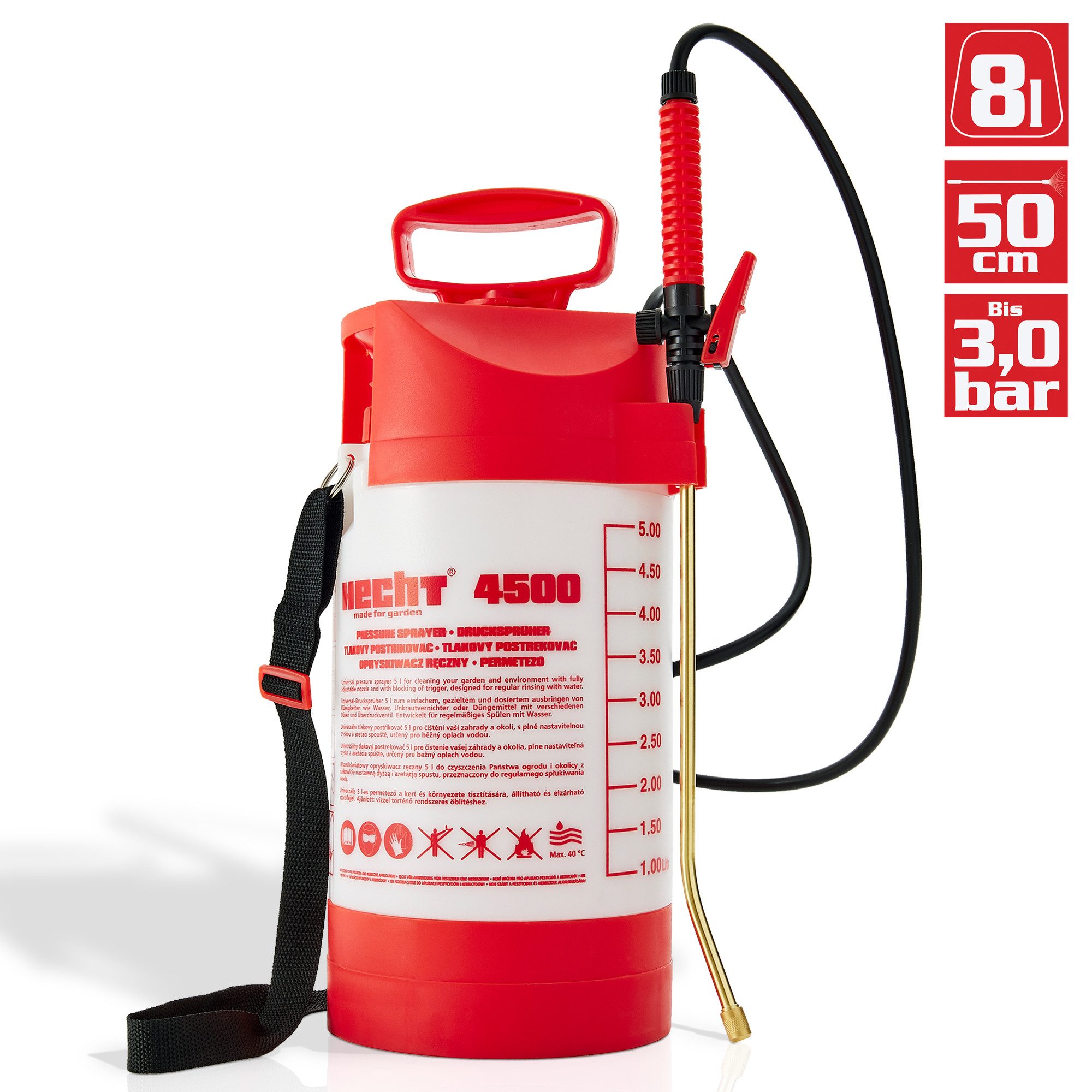 Hecht Drucksprühgerät 4500 mit Mesing Spritzrohr und Düse, inklusive Schultergurt, 3bar, 5 Liter