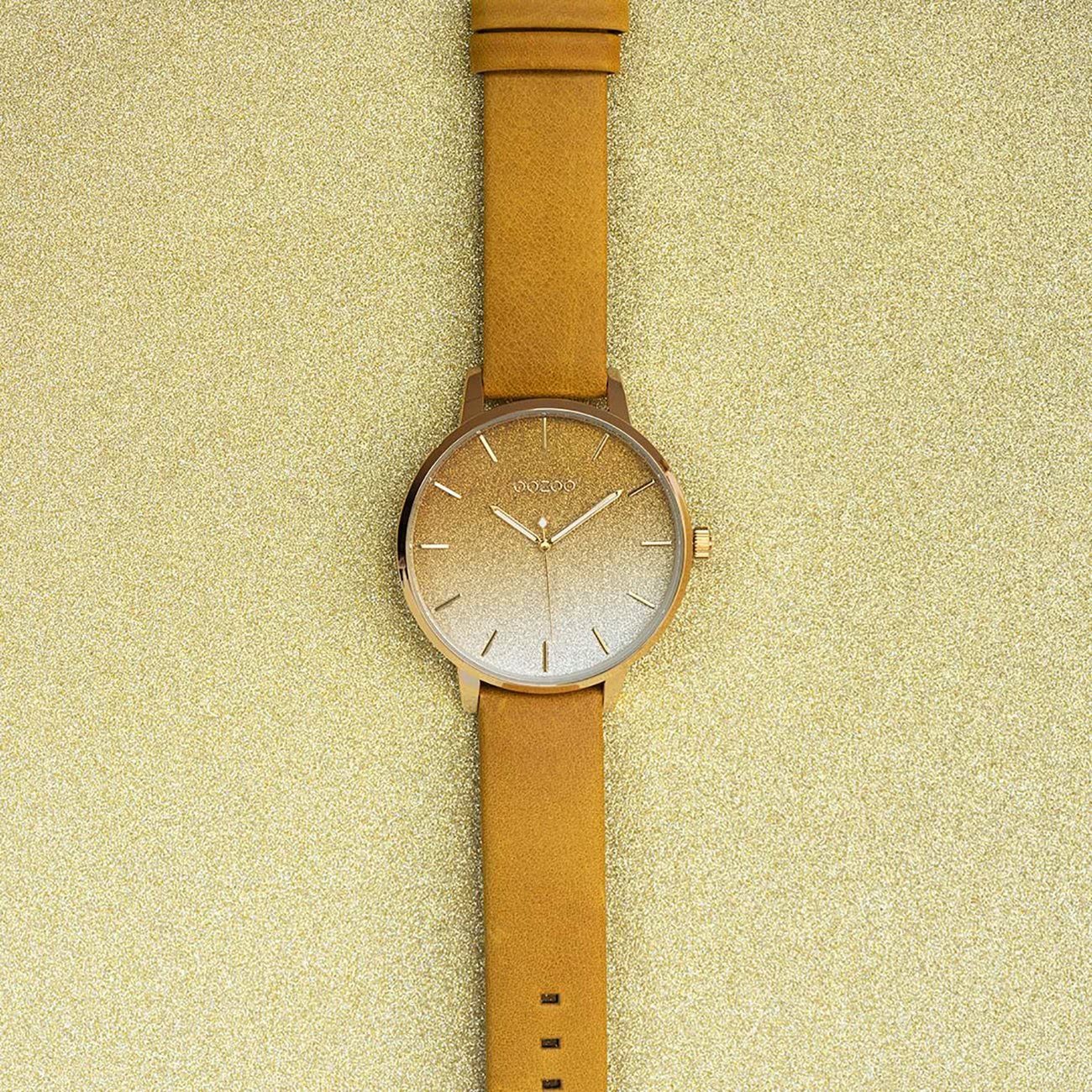 OOZOO Quarzuhr Oozoo Damen Armbanduhr OOZOO Timepieces, (Analoguhr), Damenuhr rund, extra groß (ca. 48mm), Lederarmband gelb, Fashion