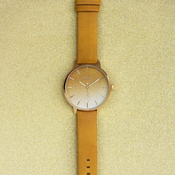 OOZOO Quarzuhr Oozoo Damen Armbanduhr OOZOO Timepieces, (Analoguhr), Damenuhr rund, extra groß (ca. 48mm), Lederarmband gelb, Fashion
