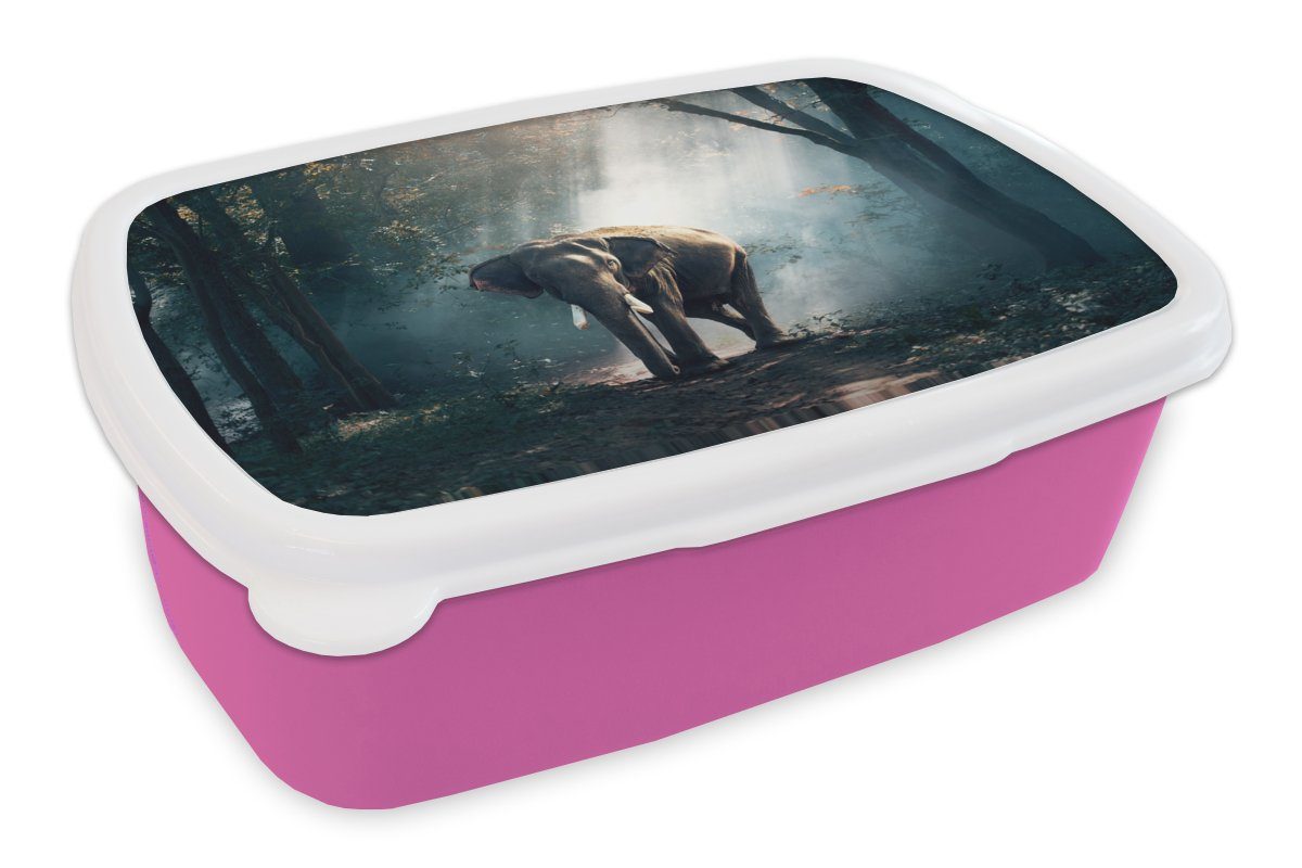 MuchoWow Lunchbox Elefant - Tiere - Licht - Wald - Natur - Wildtiere, Kunststoff, (2-tlg), Brotbox für Erwachsene, Brotdose Kinder, Snackbox, Mädchen, Kunststoff rosa