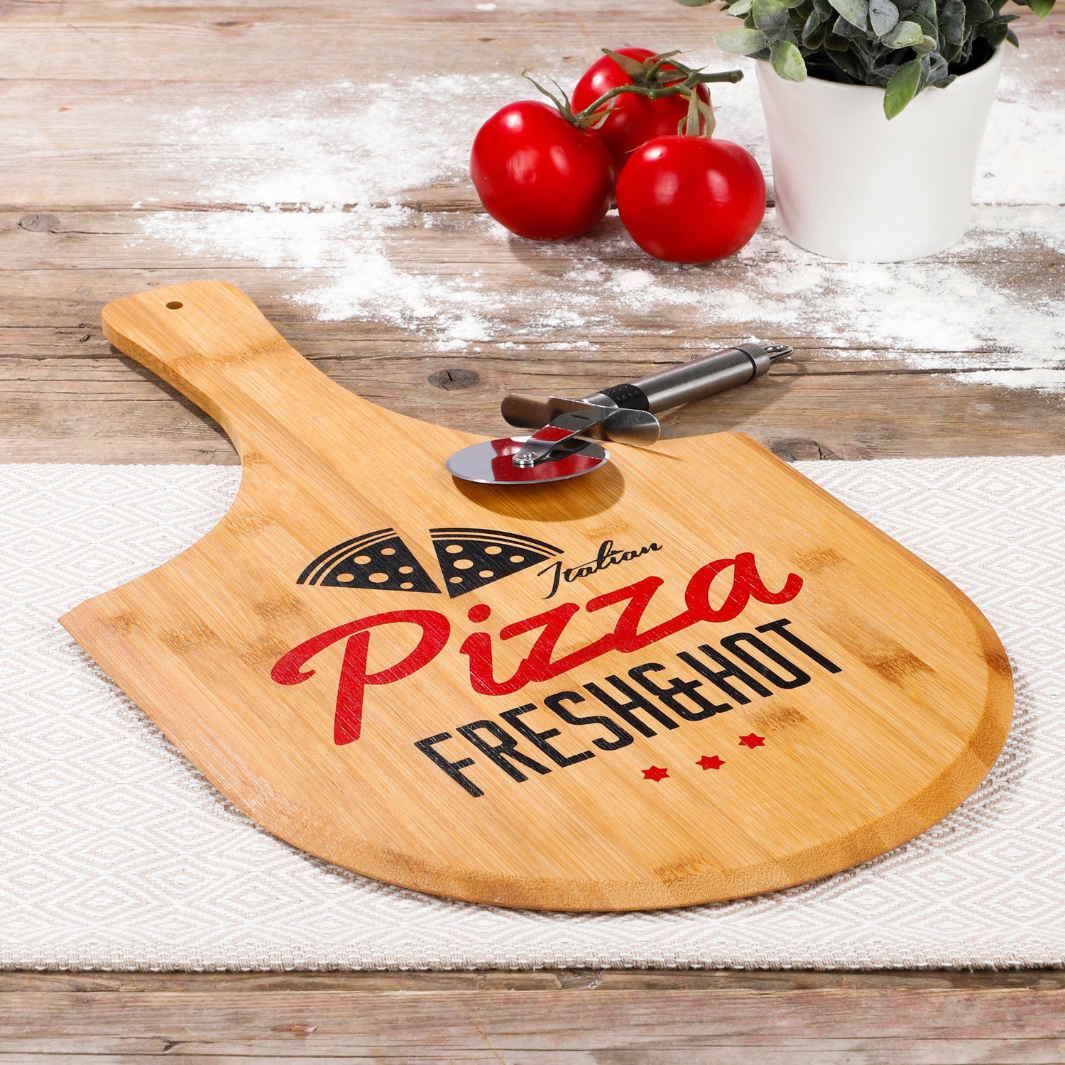 Pizzaschneidebrett 30cm Holz, (1-St) International zum Pizzabrett Schieber, Servieren Pizzen Haushalt für Pizza Bambusholz