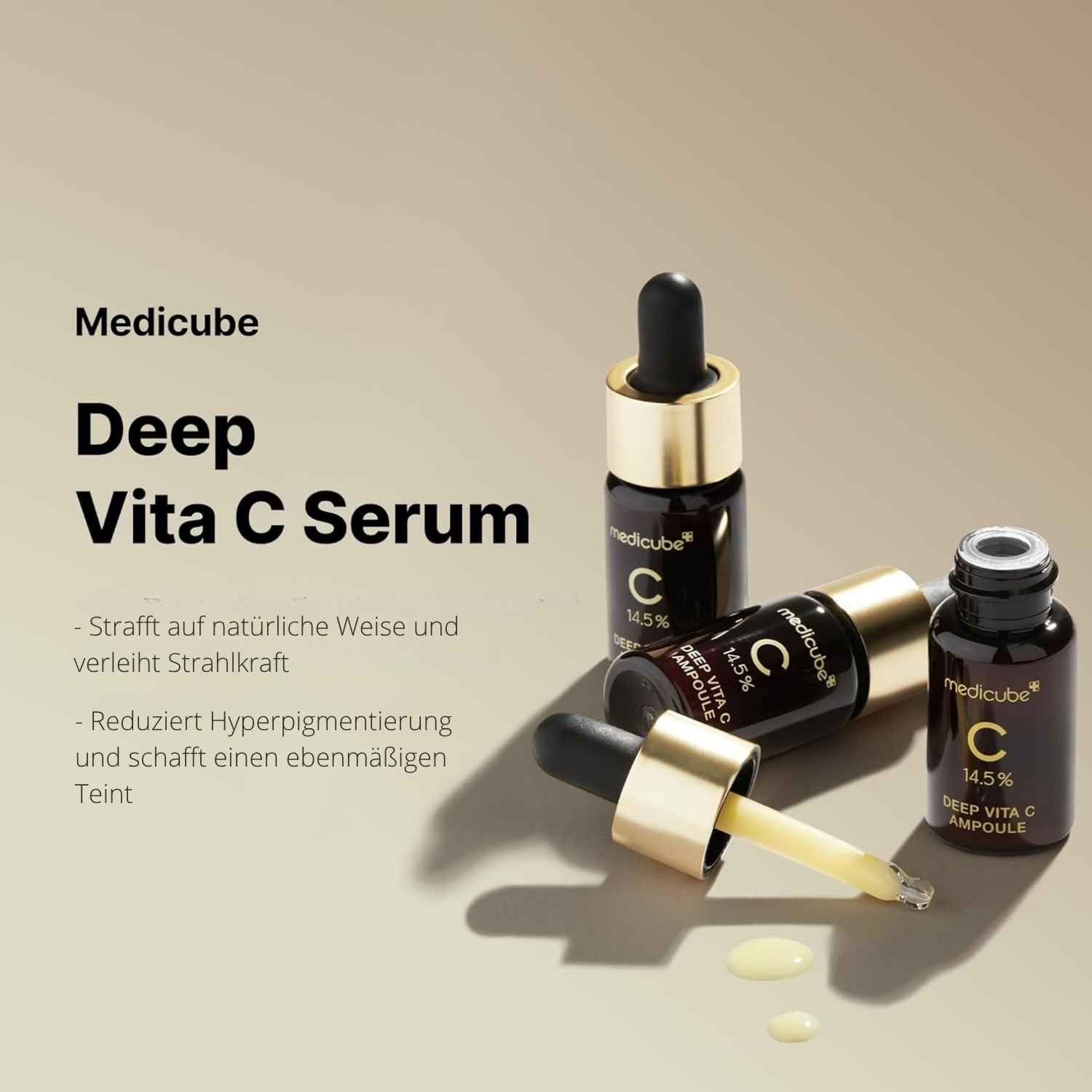 Medicube Gesichtsserum Deep Vita C Ampoule 2.0 – Aufhellendes Serum mit 14,5 % Vitamin C gegen dunkle Flecken & Hyperpigmentierung – Strahlender Teint, & glattere Hautstruktur für alle Hauttypen – 3x10 g Ampullen