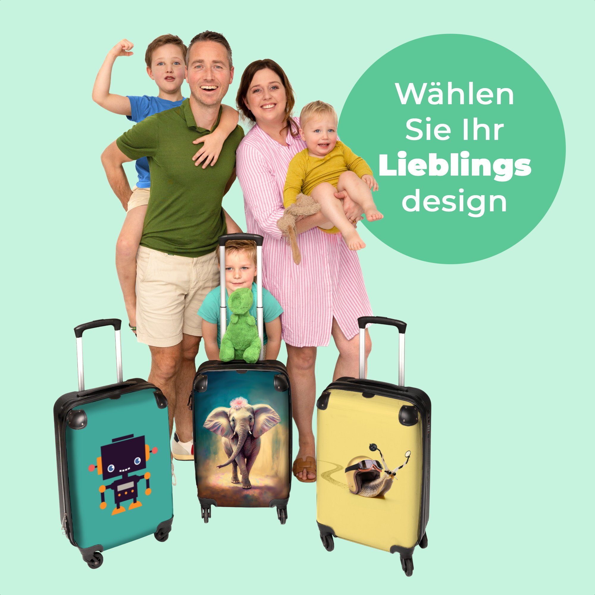 Rollen, - Koffer Tiere Blumen Porträt - - mit Kindertrolley, Reisetasche Malen rollen, Elefant Handgepäck 55x35x20cm für Kinderkoffer NoBoringSuitcases.com© Kinder, - - 4 Ferien,