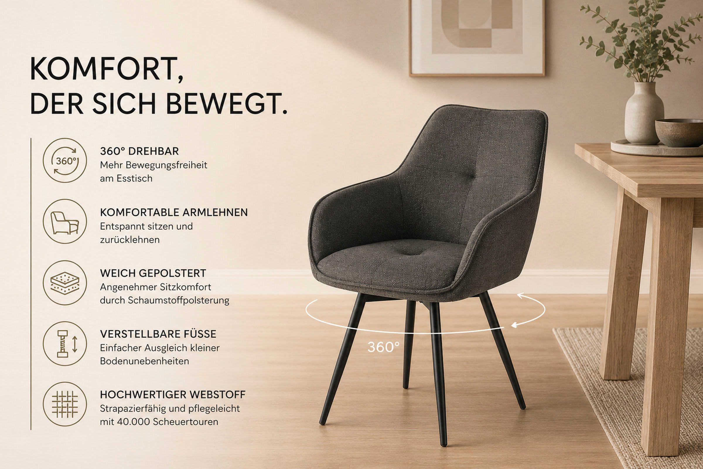 OTTO home Esszimmerstuhl Azura, 2er-Set (Set, 2 St), Moderner Armlehnstuhl mit 360 Grad drehbarer Sitzschale in Webstoff – Bild 3 von 5