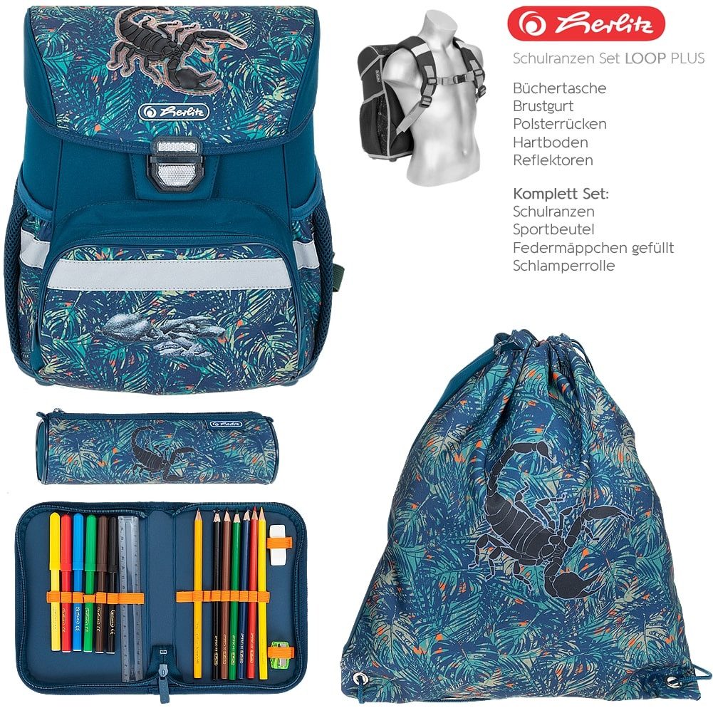 Herlitz Schulranzen Loop Plus Extra Jungen Mädchen leicht Schule (Set, Ranzen Mäppchen Füllung Faulenzer Beutel Flasche Farbkasten Anhänger), Schulmappe Schultasche Tornister 1. Klasse Grundschule 8 Teile efk v