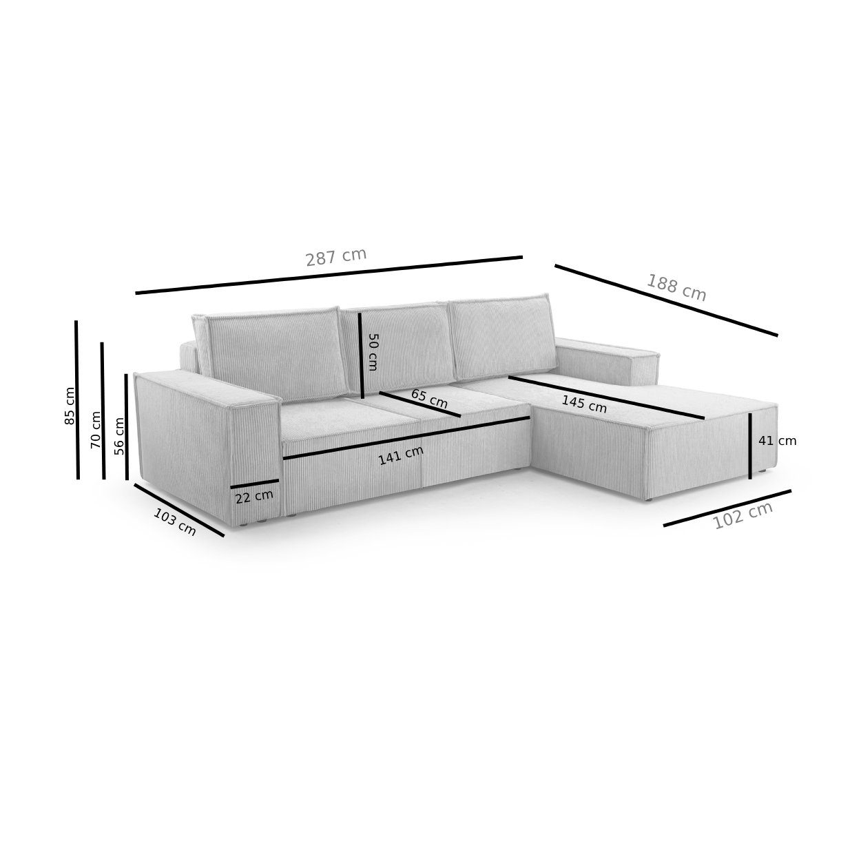 Gera Ecksofa Rechts Grau, Bettfunktion, CORD-Bezug XL Links Wohnlandschaft DD-COLLECTION Größe, mane mit Universell, Cappuccino,