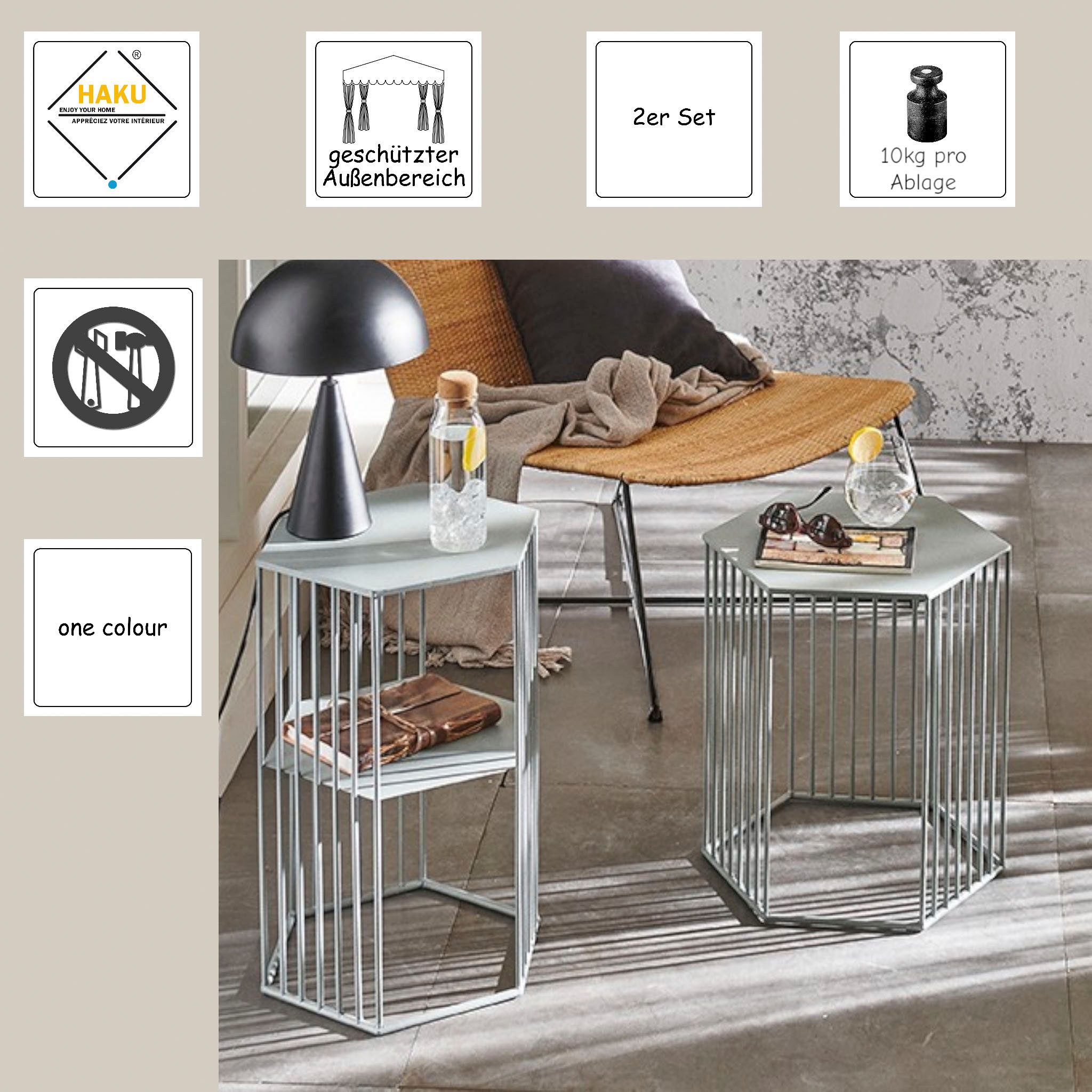 HAKU Beistelltisch Sofatisch, Wohnzimmertisch (Set, 2-St., 2er Set), sechseckig - aus Metall Grau B/T/H 38/33/55 und 42/37/45 cm
