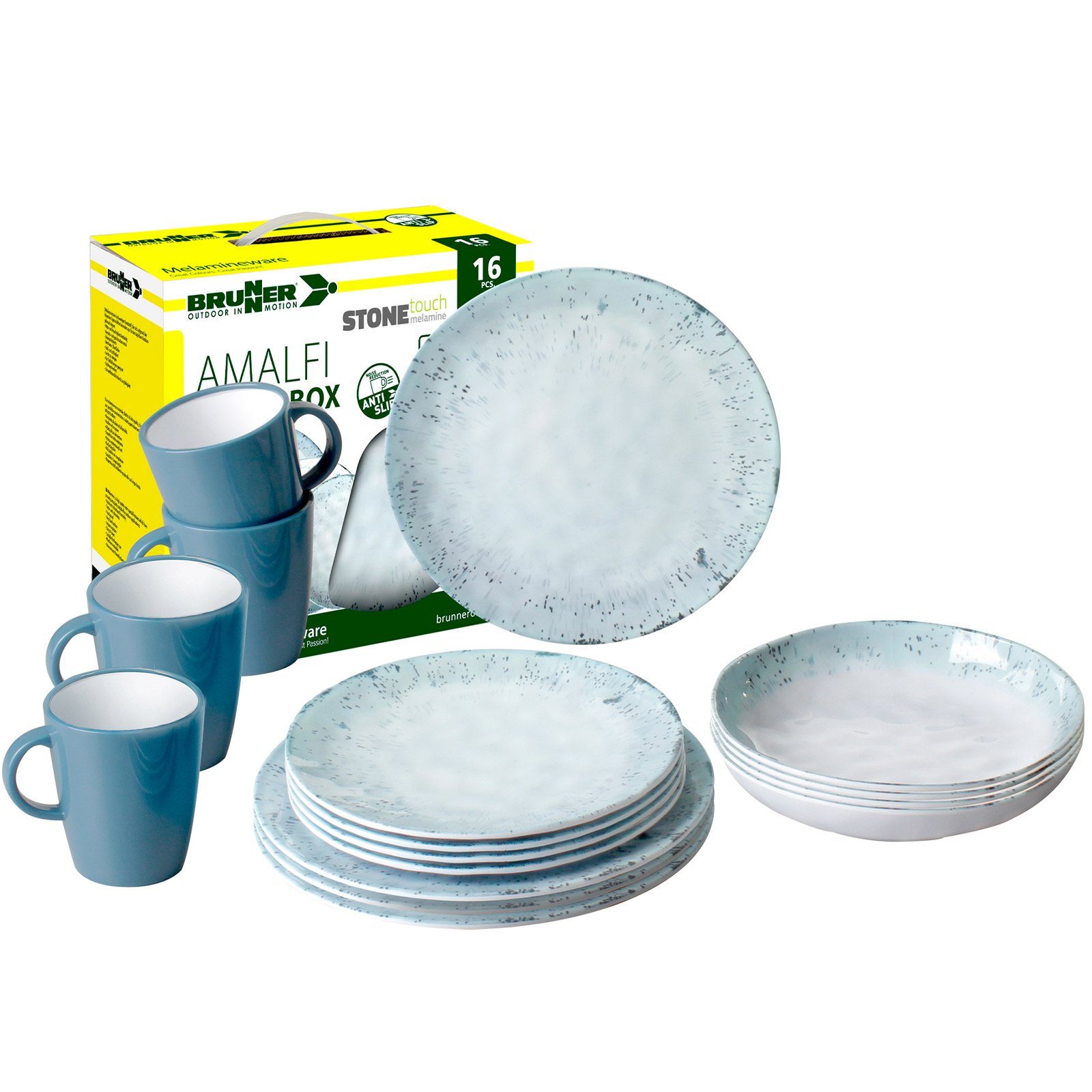 Hellblau 16-teilig Reise Camping Geschirr-Set Ess Geschirr BRUNNER Lunch, Teller Set Box Melamin-/Mineralgemisch, Becher Melamin