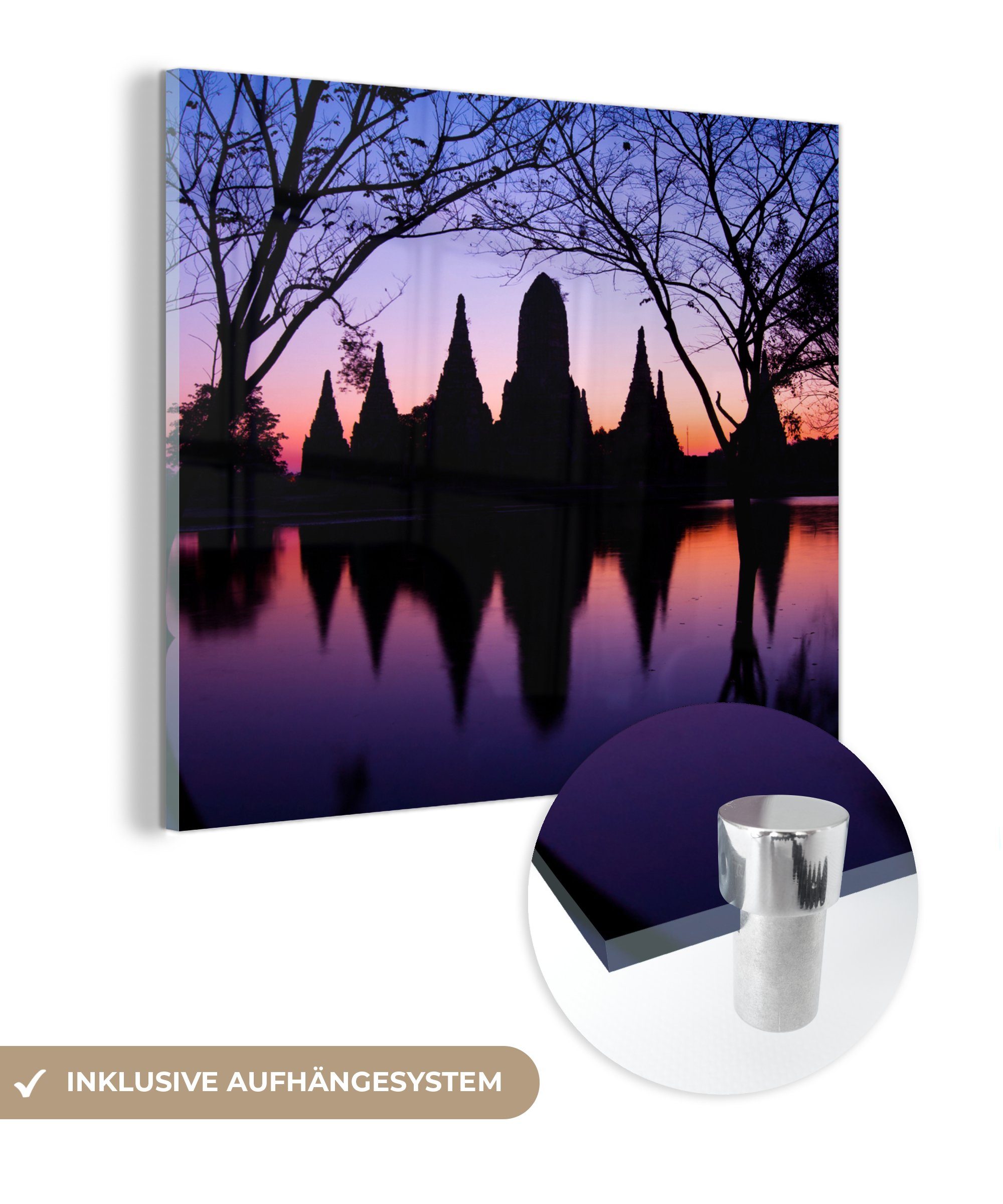 (1 Wandbild Glas Wat Foto Glasbilder Silhouette Bilder des Chaiwatthanaram, - St), Acrylglasbild MuchoWow Wanddekoration - auf - Glas Thailand, auf