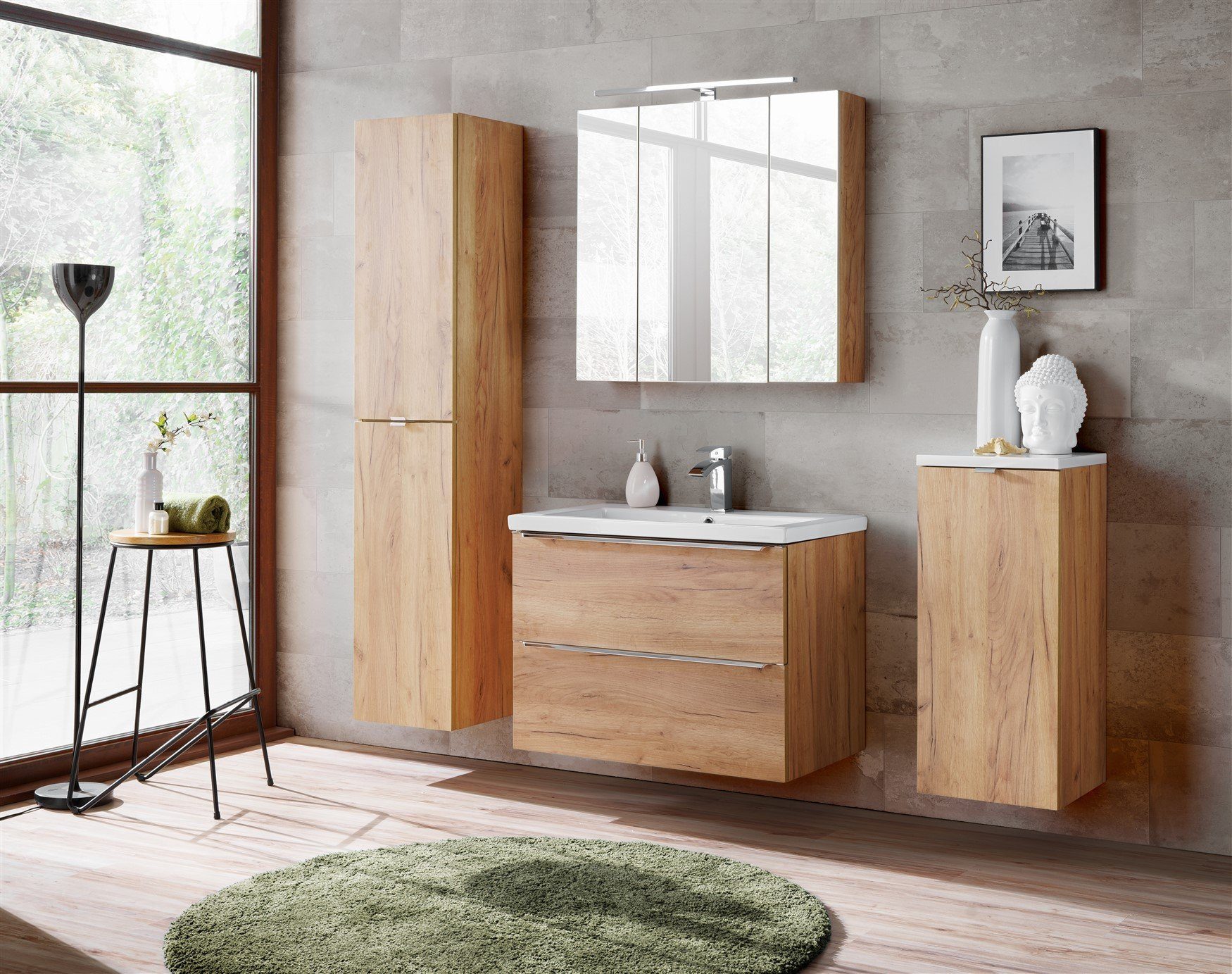 Fun Möbel Badezimmer-Set Badmöbel PERUGIA Set.4 (Waschbeckenunterschrank 60cm) Gold Eiche, (Komplett-Set, 5-St), Schubladen und Türen mit Soft-Close-System