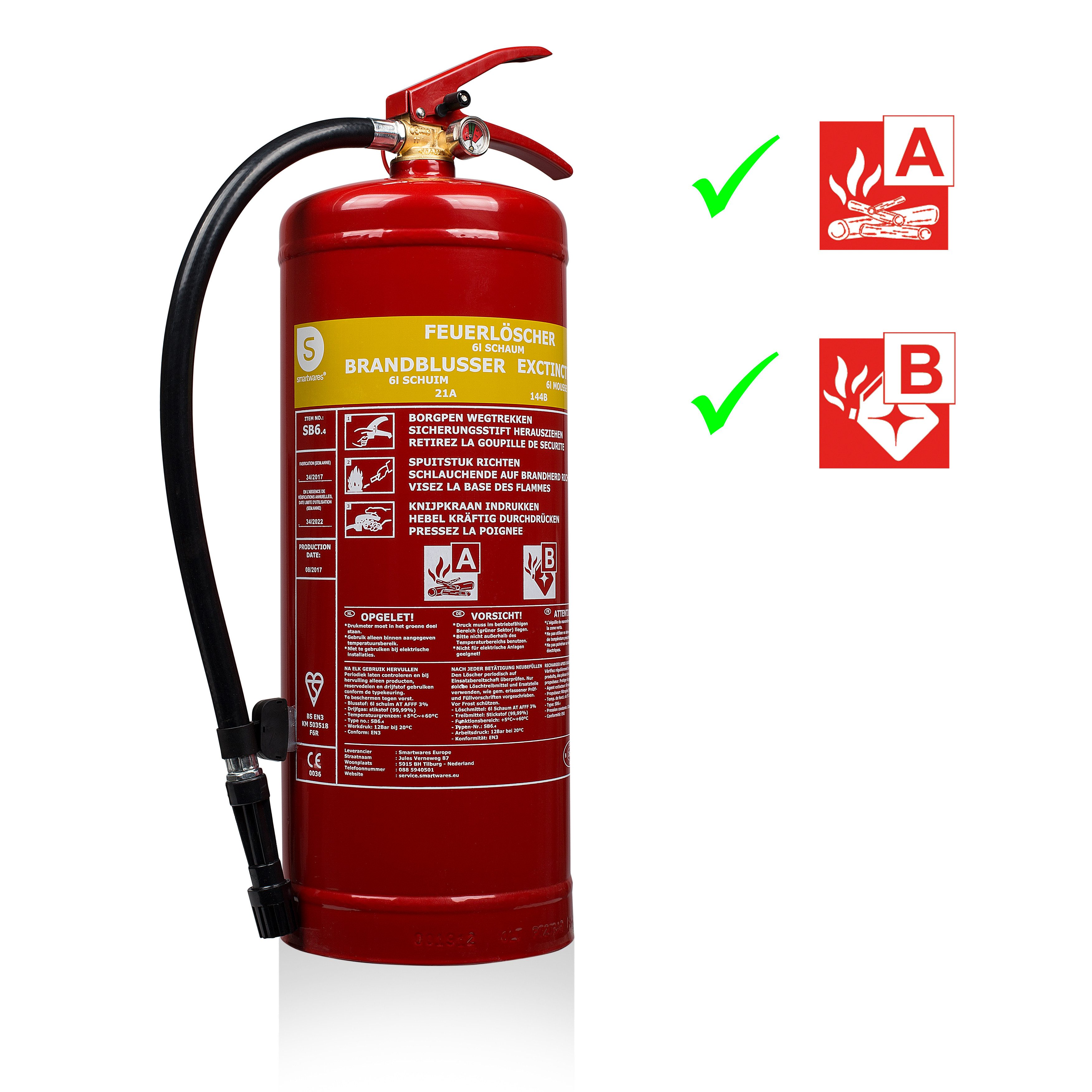 smartwares Schaum-Feuerlöscher Smartwares Schaumlöscher SB6, Feuerlöscher 6 Liter/ Brandklasse A, B m, 6 L Schaumlöscher Brandklasse AB - BSI, SB6
