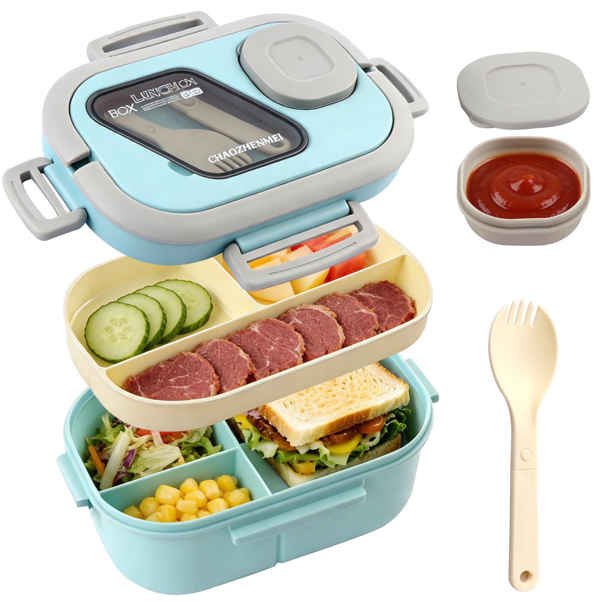 Diwzbyn Lunchbox Bento Box Lunchbox 2-stufig, 6 Fächer, Auslaufsicher, BPA-frei, Mit Saucenbehälter & Besteck, mikrowellengeeignet, 1200 ml