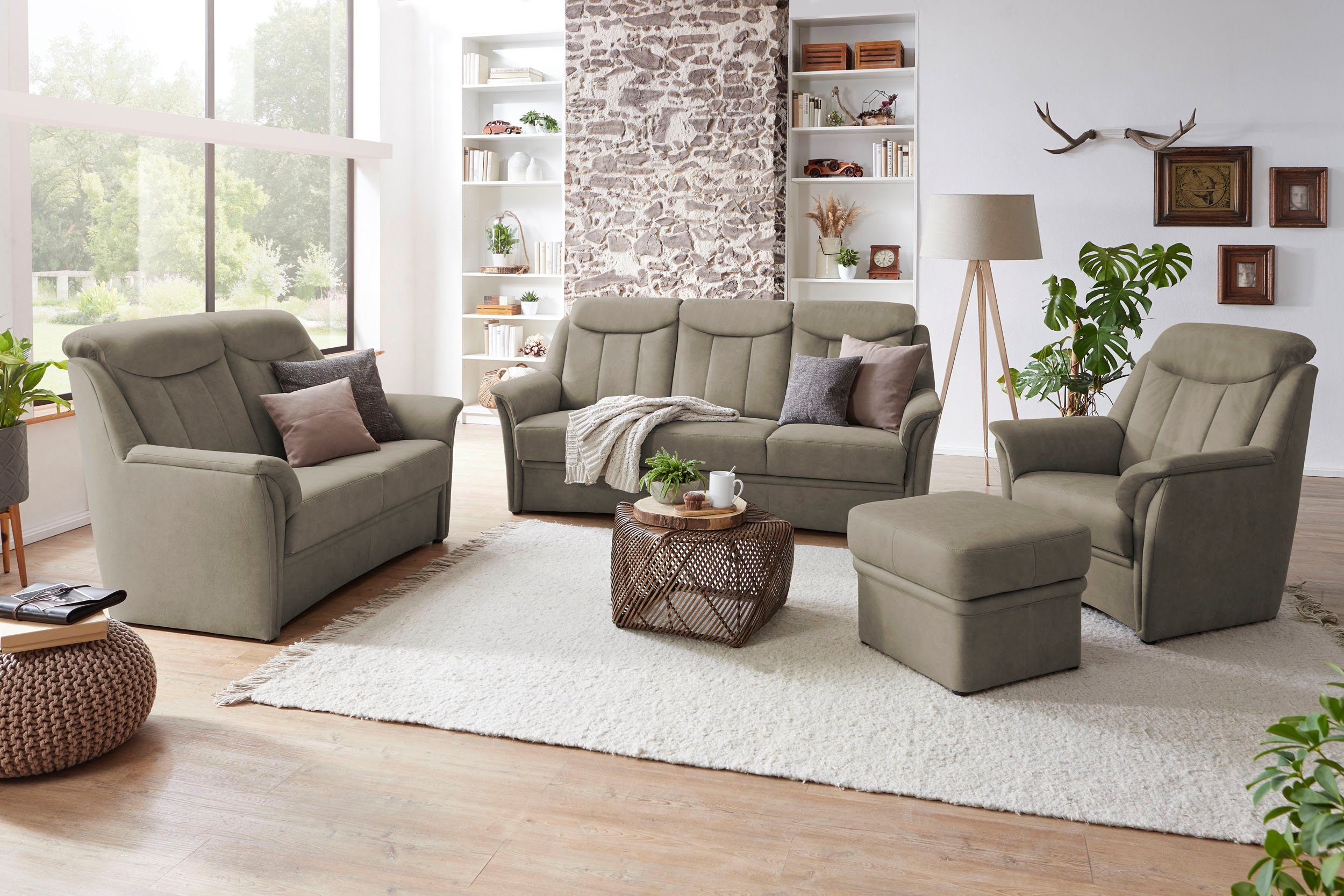 VILLA BECK Polstergarnitur Lugano, (Set, 3-tlg), Kopfteilverstellung, in Sitzhöhe 46 cm, 3-Sitzer und 2x Sessel | Couchgarnituren