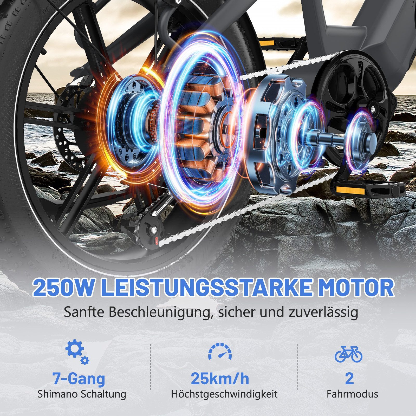 ECORUSH E-Bike Mountainbike Elektrofahrrad 20*4,0 Zoll Pedelec StVZO mit 15,6Ah Akku Max 70-120km, 7 Gang shimano shimano Schaltwerk, Kettenschaltung, Heckmotor, 748,8 Wh, Damen/Herren E-Mountainbike mit Pumpe, Schloss