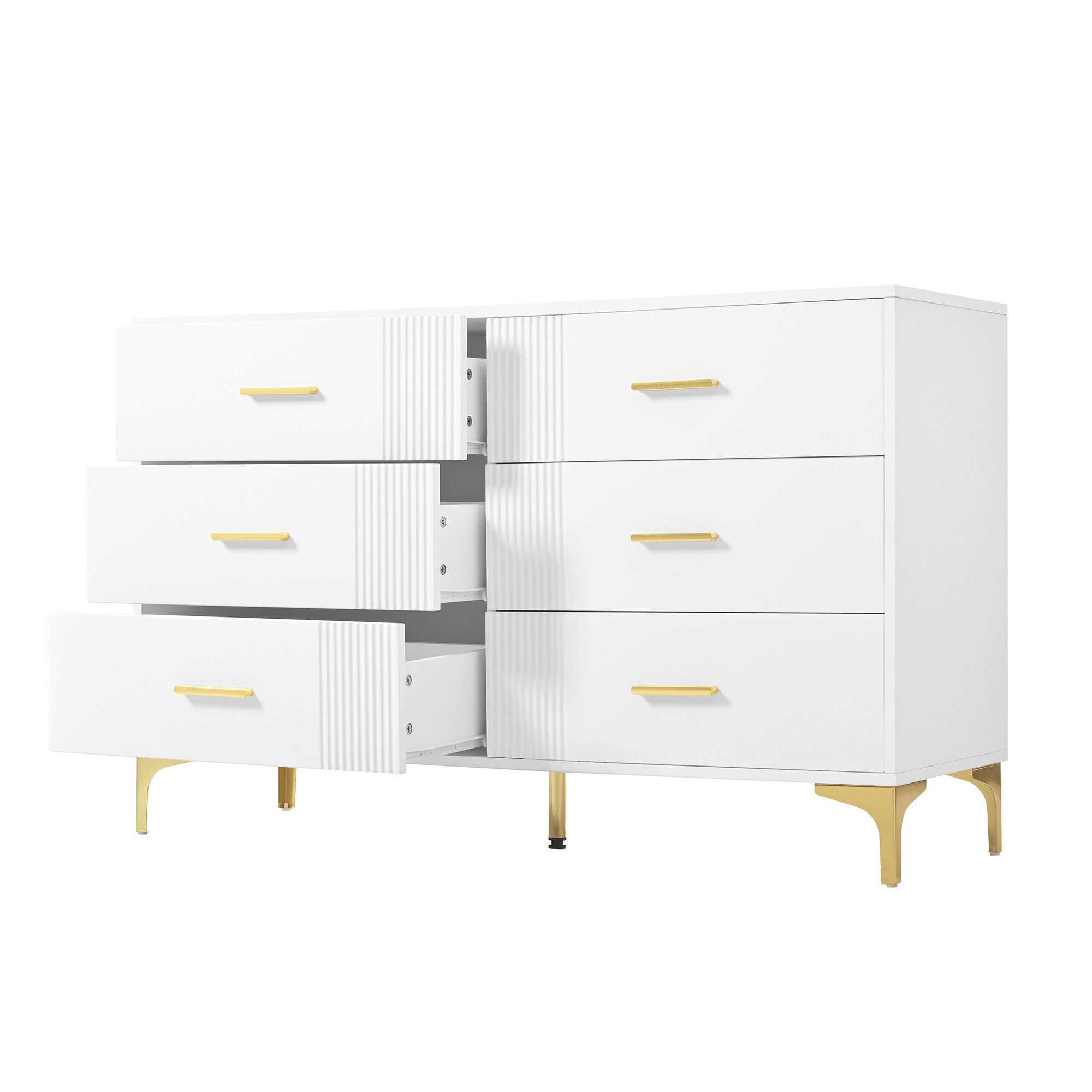 Flieks Kommode mit 6 Schubladen Weiß (Maße: H76/B120/T40 cm, 1 St., für Wohnzimmer und Schlafzimmer), Mehrzweckschrank Sideboard Holzschrank, Metallgriffe und M – Bild 5 von 5