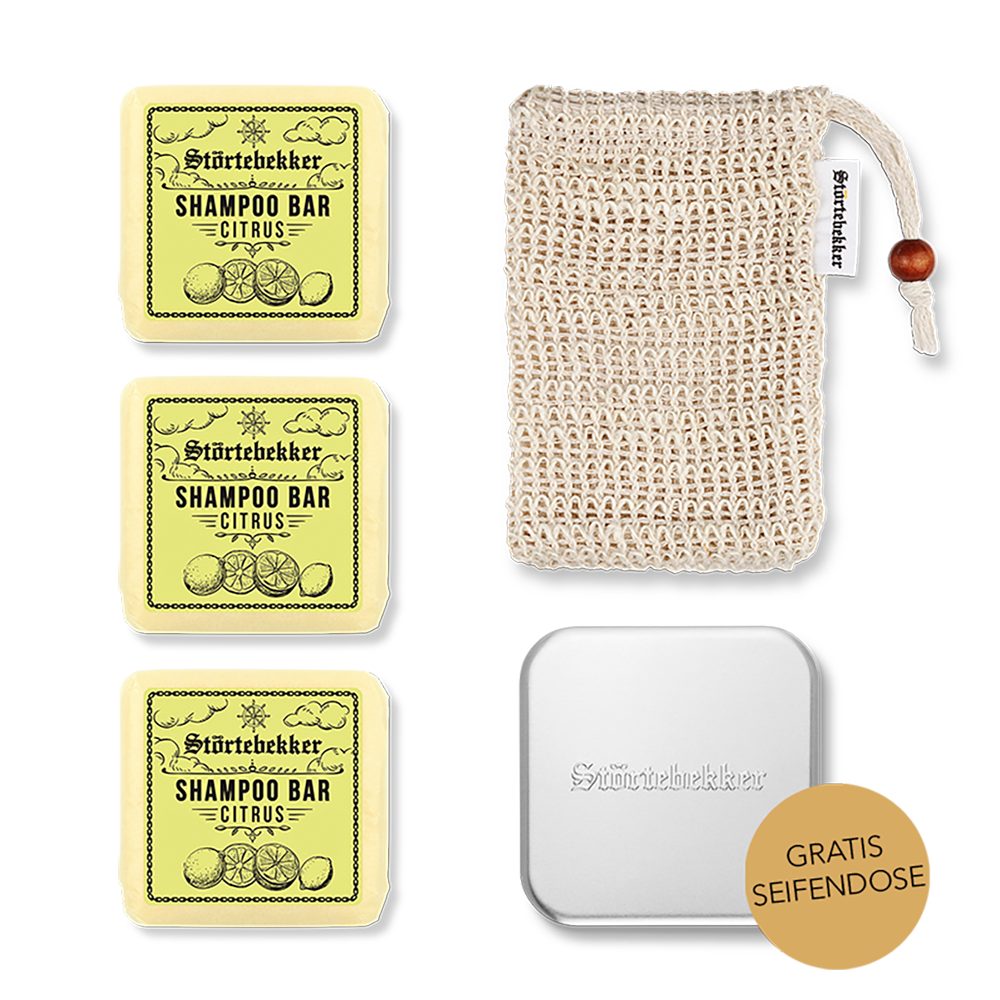Störtebekker Festes Haarshampoo Duschset - 3x Shampoo, Soap Bag und GRATIS Seifendose, Veganes Shampoo, praktische Aufbewahrung, handgefertigt in Holland