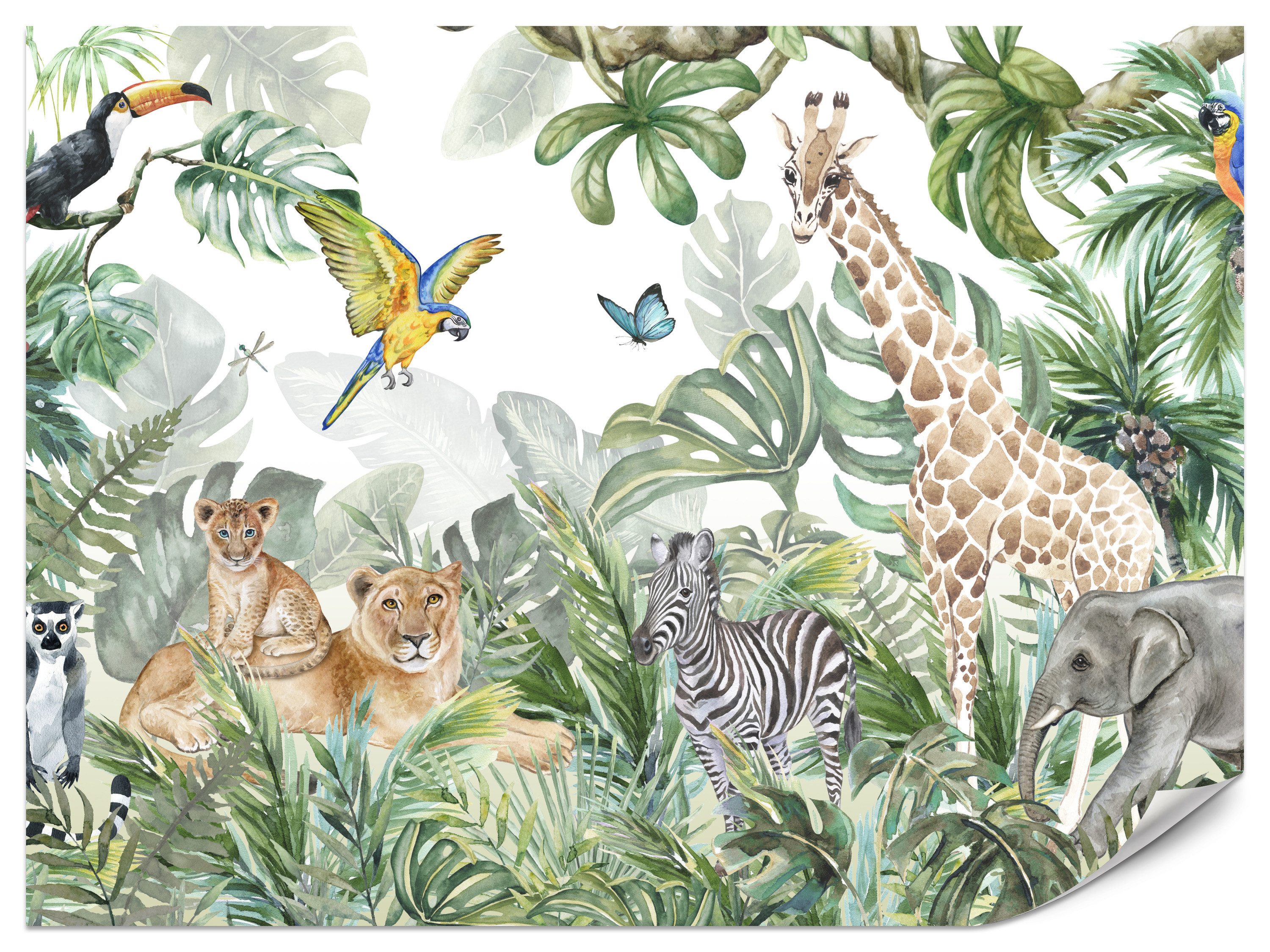 Muralo Fototapete Vliestapete - Dschungel, Safari, Dschungeltiere, Glatt, Grafisch, (Packung, 1 St., 100x70 cm), Kleber im Set, 3D-Optik, Wohnzimmer-Dekoration